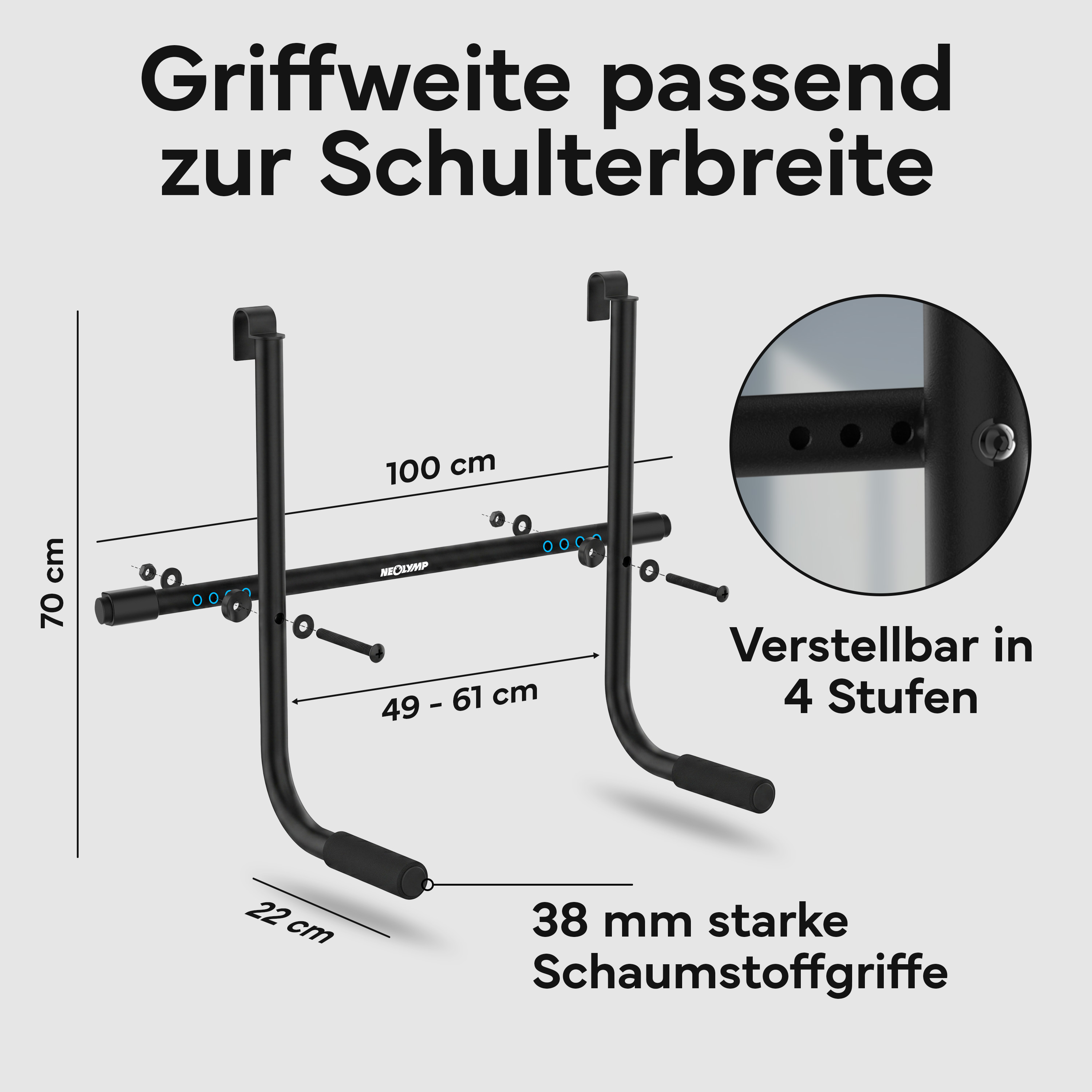 Schwarzer Klimmzugbügel: 70cm hoch, 100cm breit, verstellbar 49-61cm.