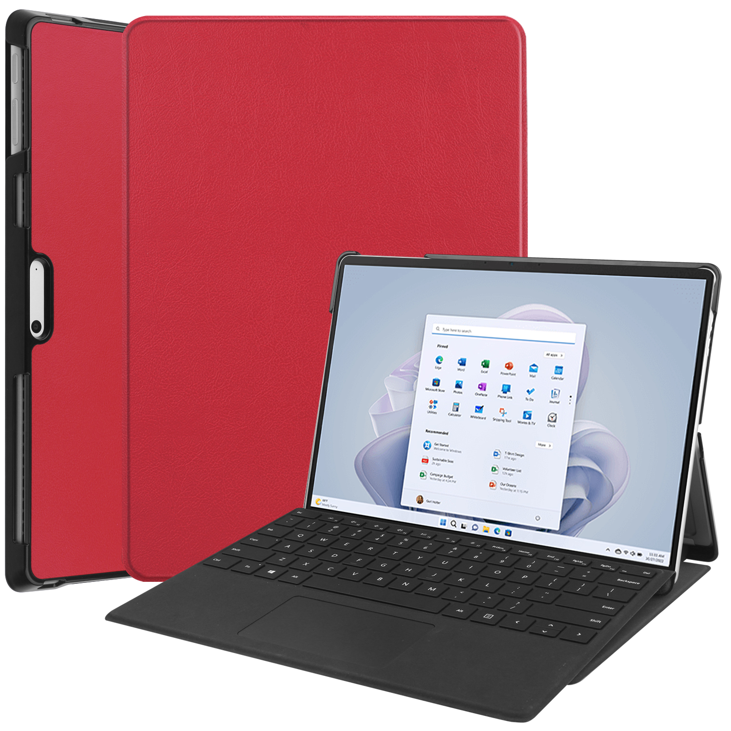 Rote Hülle neben einem offenen Laptop mit schwarzer Tastatur auf weißem Hintergrund.