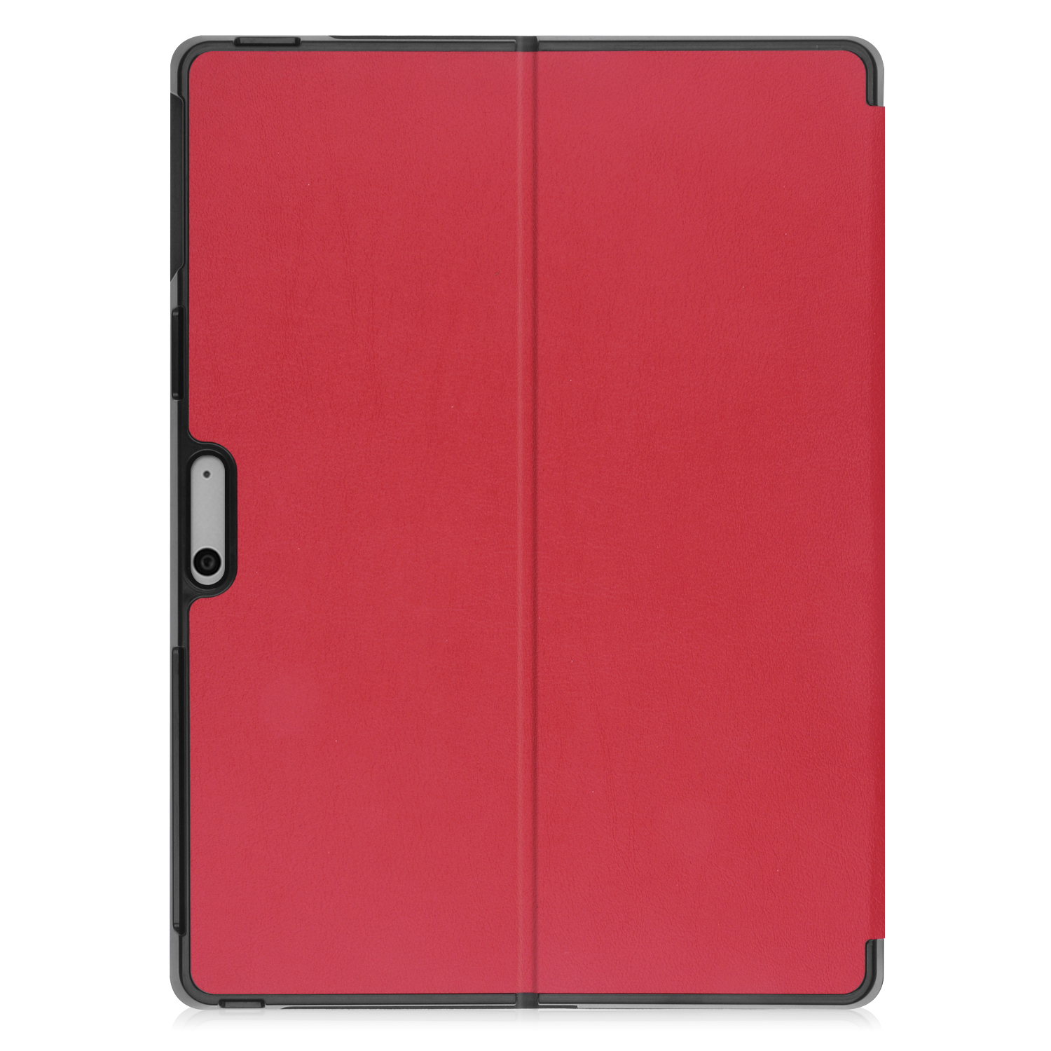 Rote Tablet-Hülle mit schwarzem Rahmen und Kameraloch an der Seite.