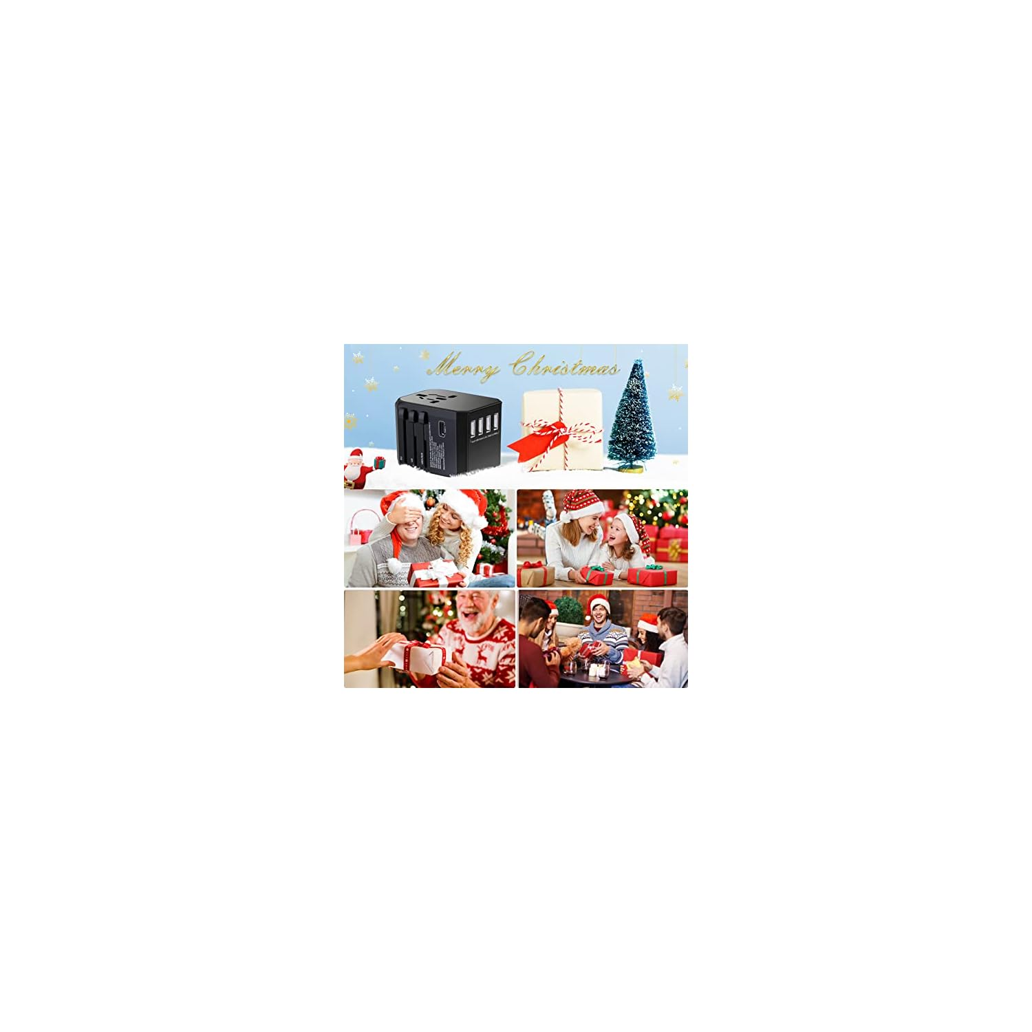 Weihnachts-Collage: Geschenk, Tannenbaum, Familie, Geschenke.