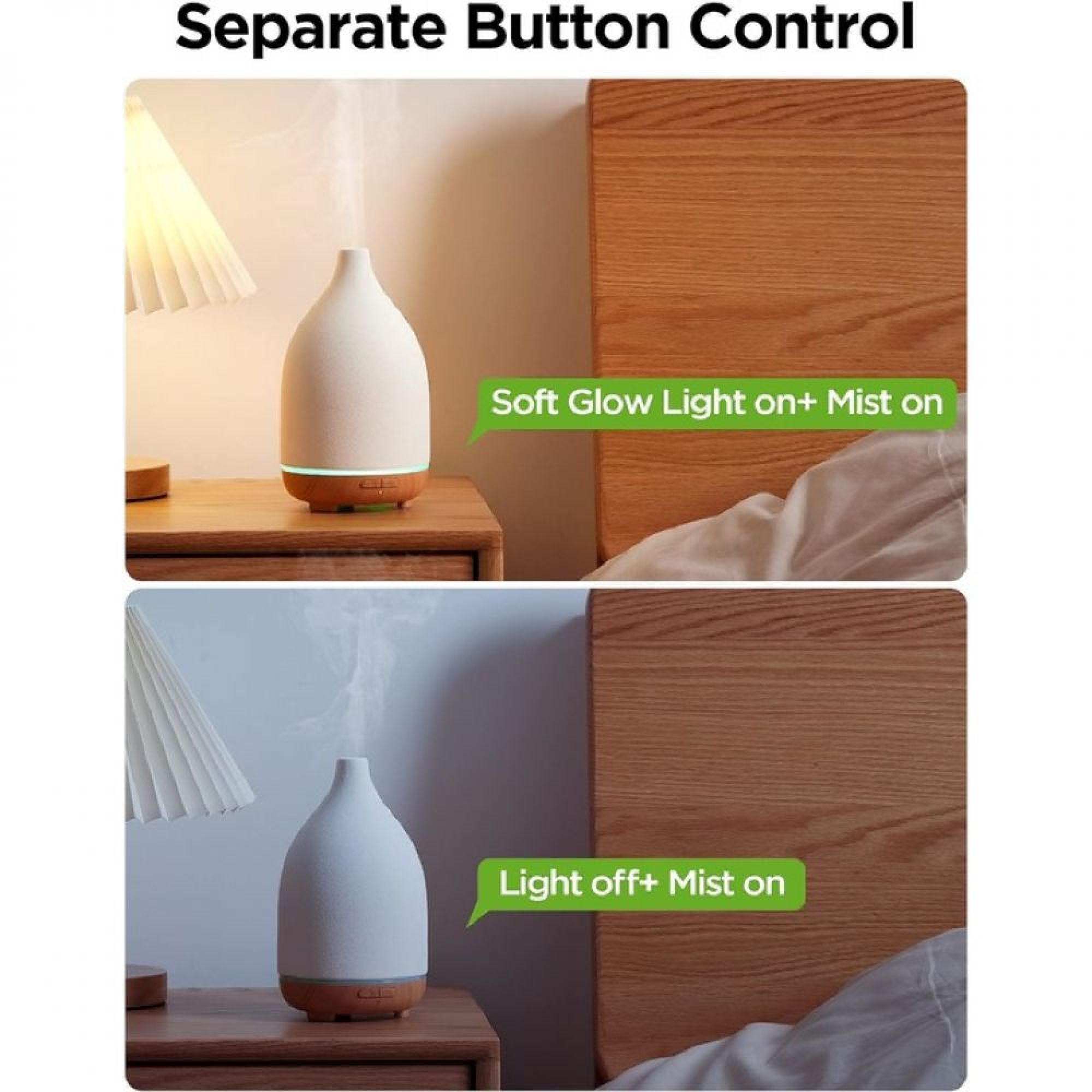Diffusor mit Licht an und Nebel an, daneben mit Licht aus und Nebel an.