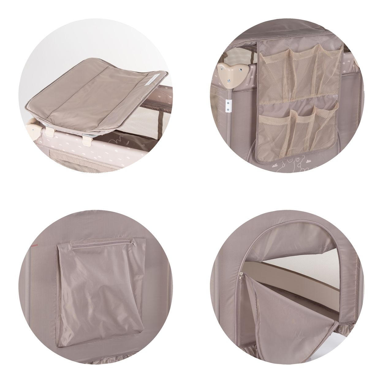 Beige Reisebett mit Wickelauflage, Organizer, Tasche und Moskitonetz.