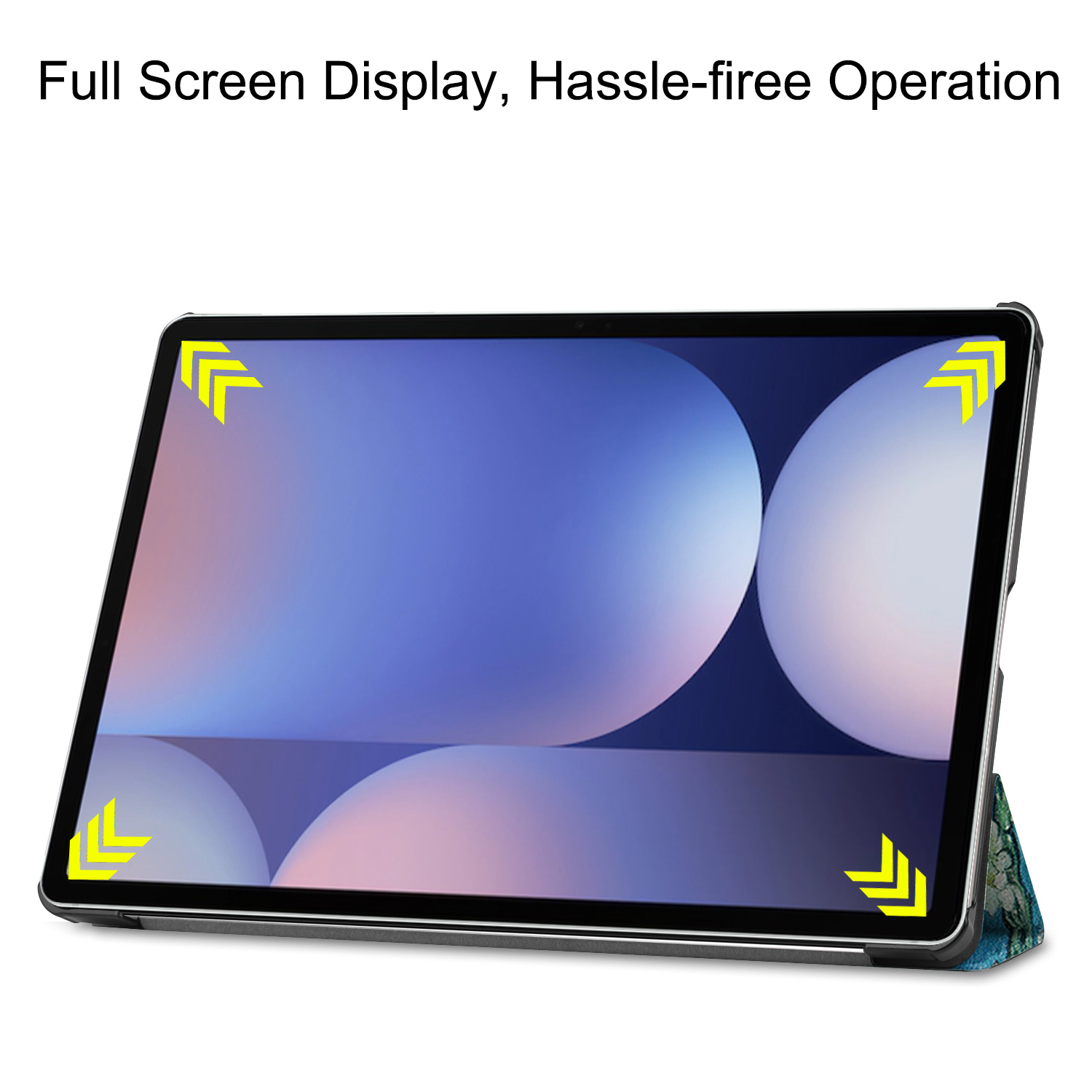 Tablet con display a schermo intero e frecce gialle che evidenziano gli angoli.