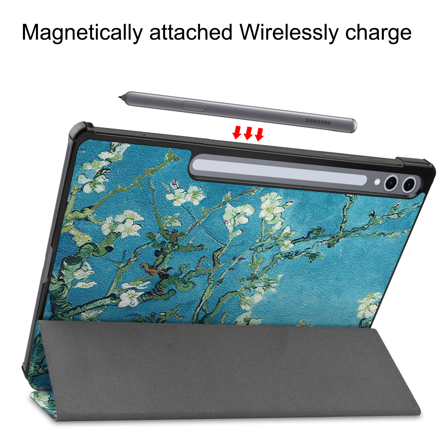 Un tablet con arte di Van Gogh sul retro, con uno stilo posizionato sopra.