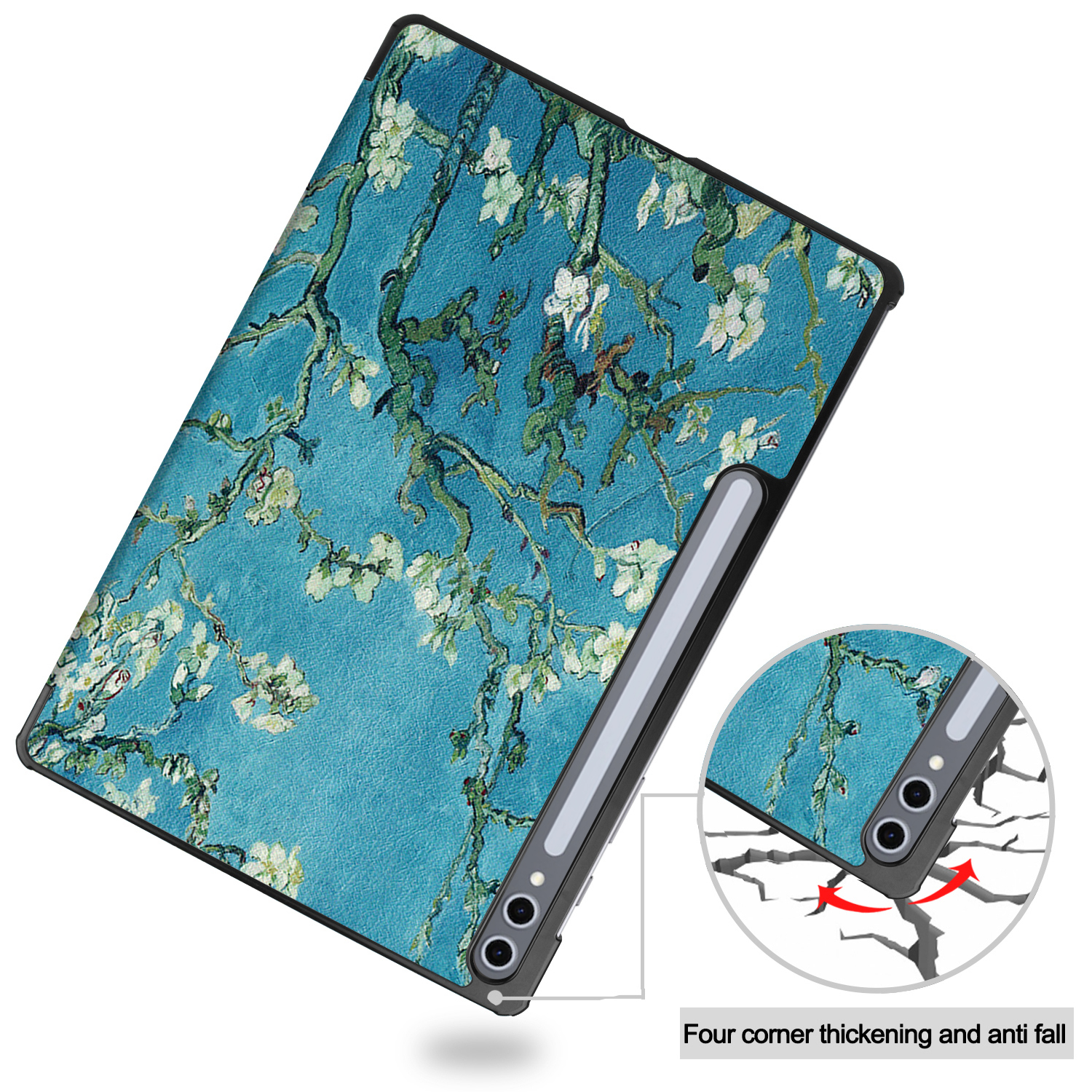 Un tablet con motivo Van Gogh e un primo piano che mostra gli angoli.