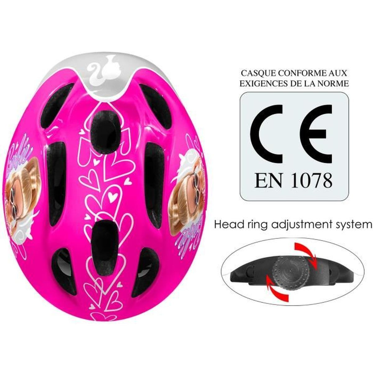 Rosa Kinderhelm mit weißen Herzen und Barbie-Grafiken, zeigt CE EN 1078 Zertifizierung und ein Kopfring-Anpassungssystem.