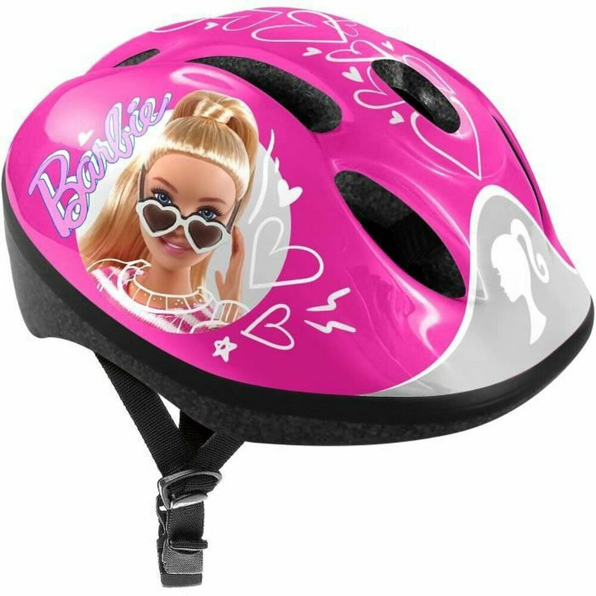 Ein pinker Barbie-Helm mit Herzen und Barbie-Bild.