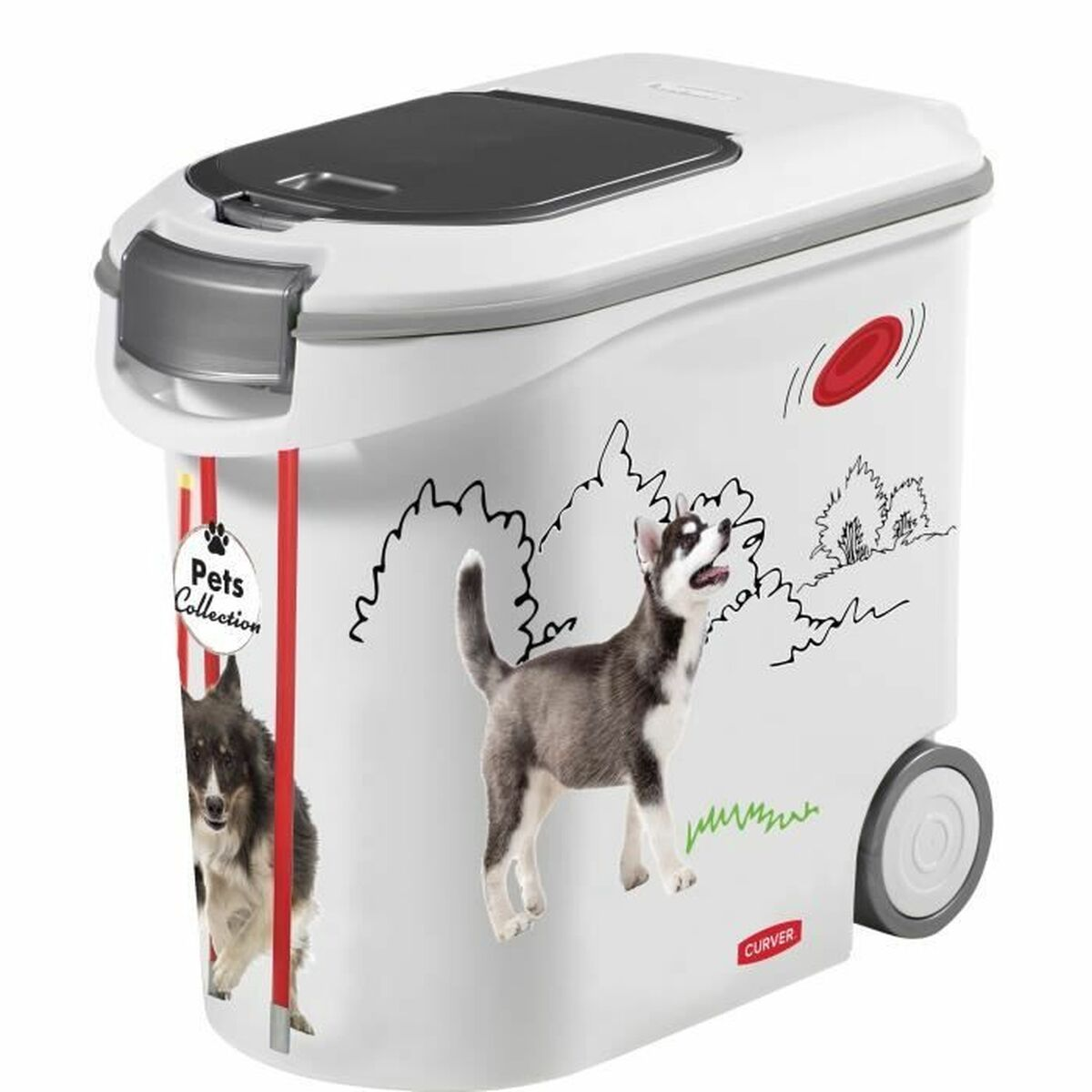 Un contenitore bianco con ruote e grafiche di cani. Coperchio grigio in alto.