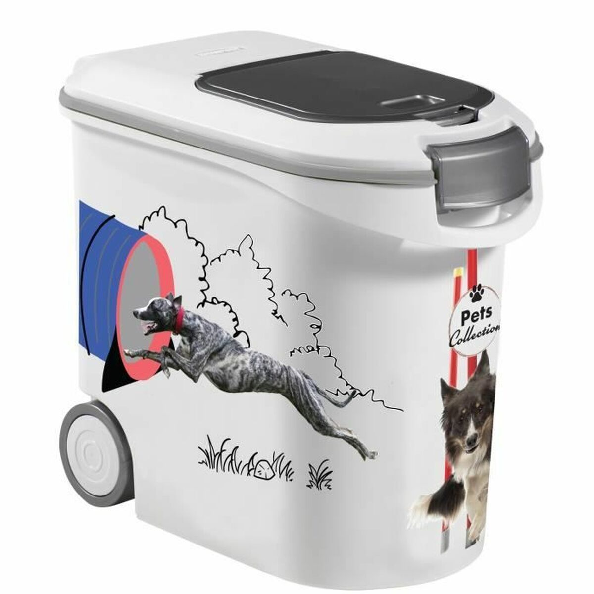 Contenitore bianco per cibo per animali con cani; un levriero salta attraverso un tunnel.