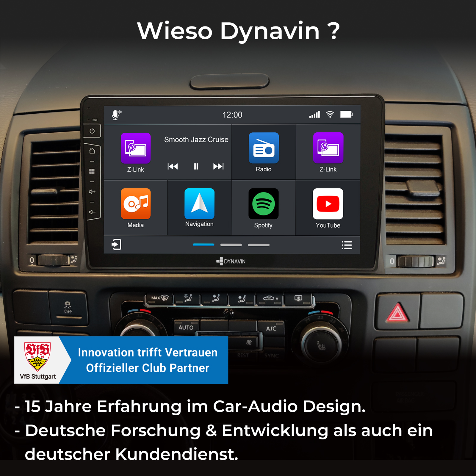 Ein Auto-Infotainmentsystem von Dynavin mit verschiedenen App-Symbolen.