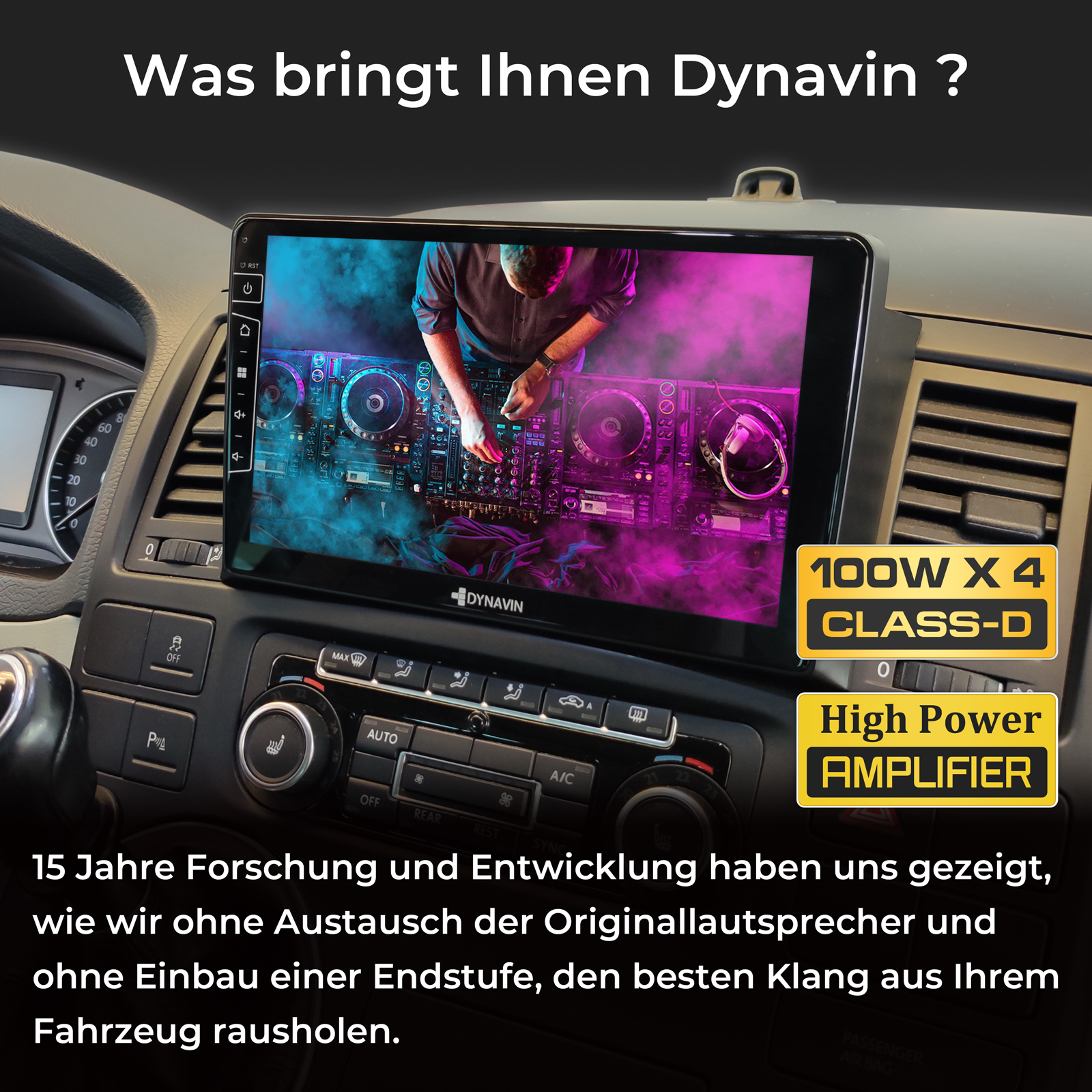 Ein Autoradio mit DJ-Anzeige, 100W x 4 Class-D Verstärker.