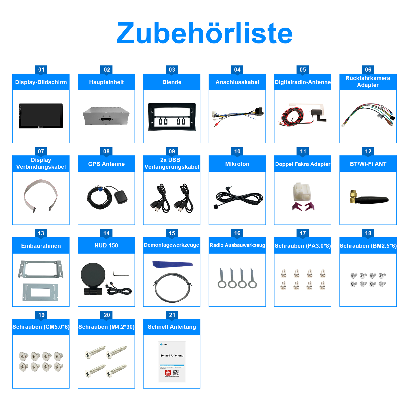 Zubehörliste mit 21 Artikeln, darunter Bildschirm, Haupteinheit, Kabel und Schrauben.