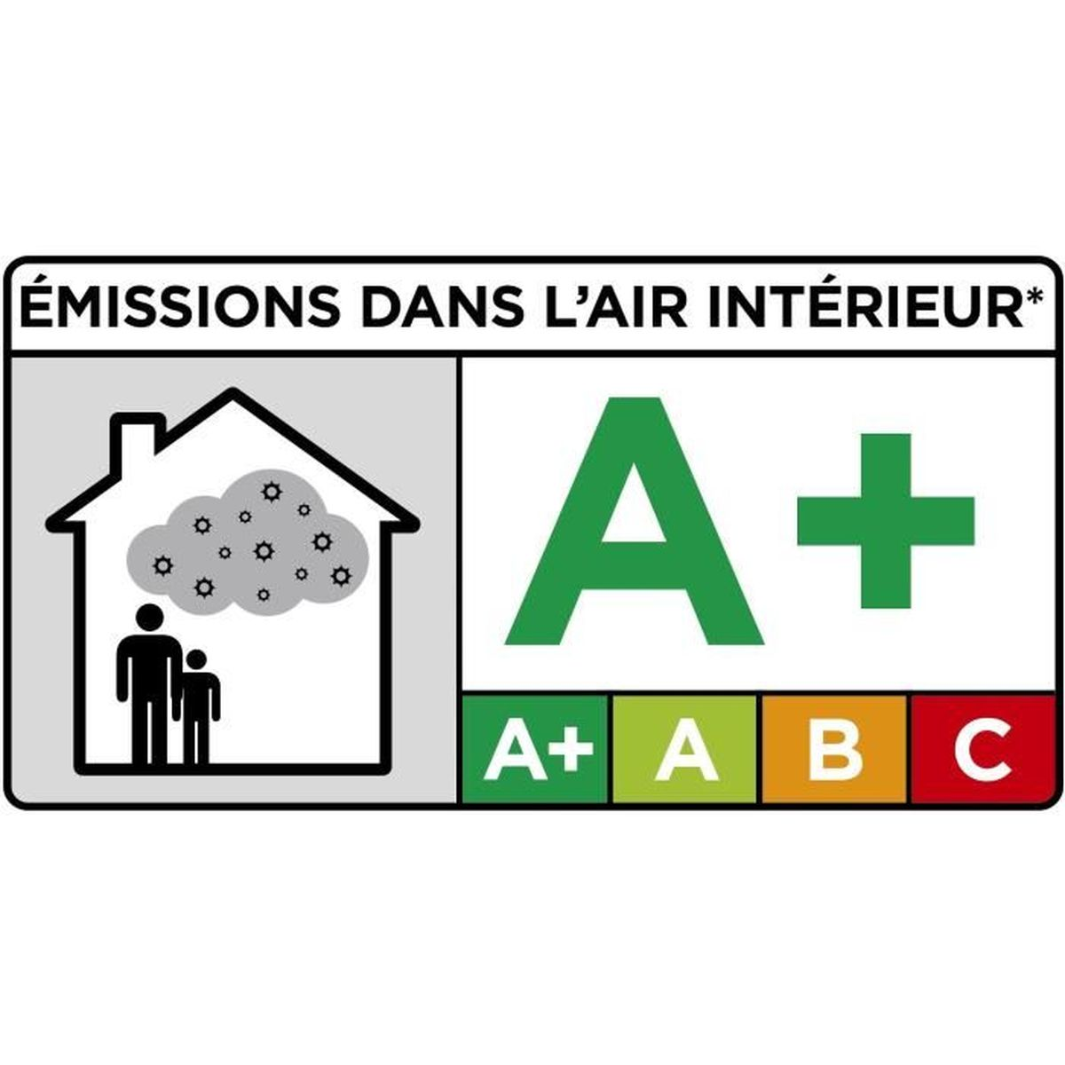 Abbildung zeigt ein Haus mit zwei Personen und einer Schadstoffwolke drin. Rechts daneben eine Skala mit A+.
