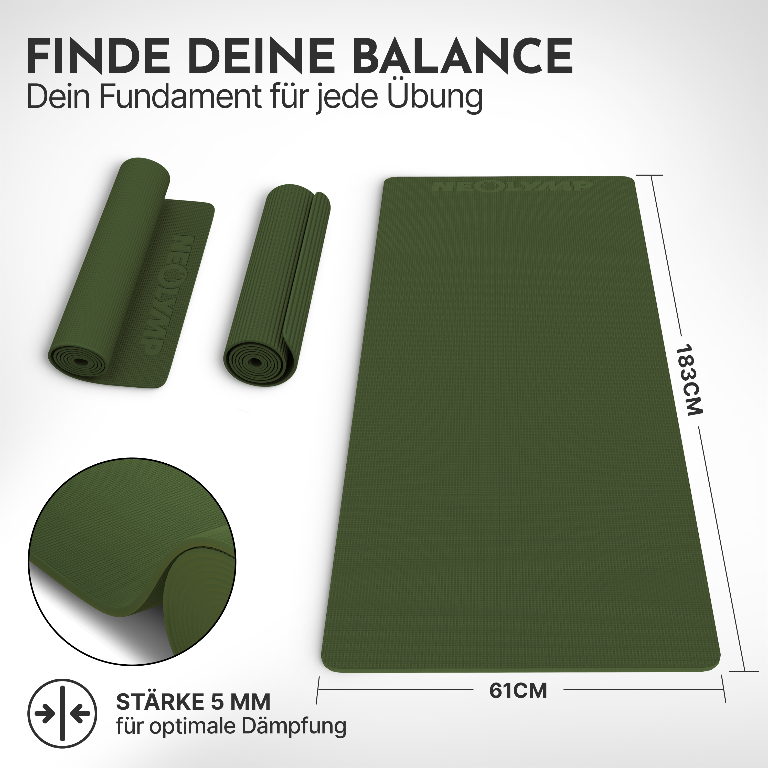 Eine grüne Yogamatte, 183x61cm, 5mm dick. Daneben zwei aufgerollte Matten.