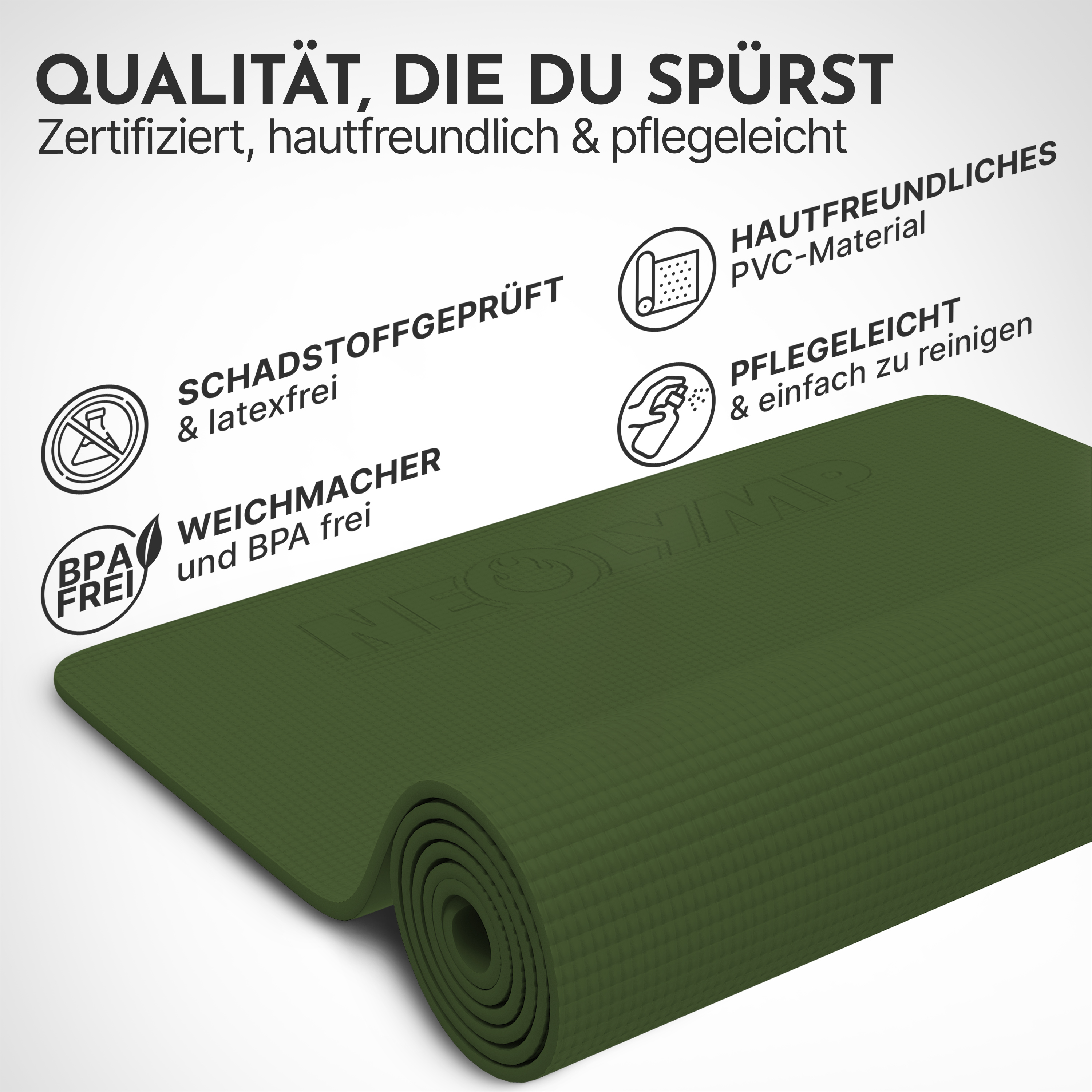 Dunkelgrüne Yogamatte mit Text und Icons: schadstoffgeprüft, BPA-frei.