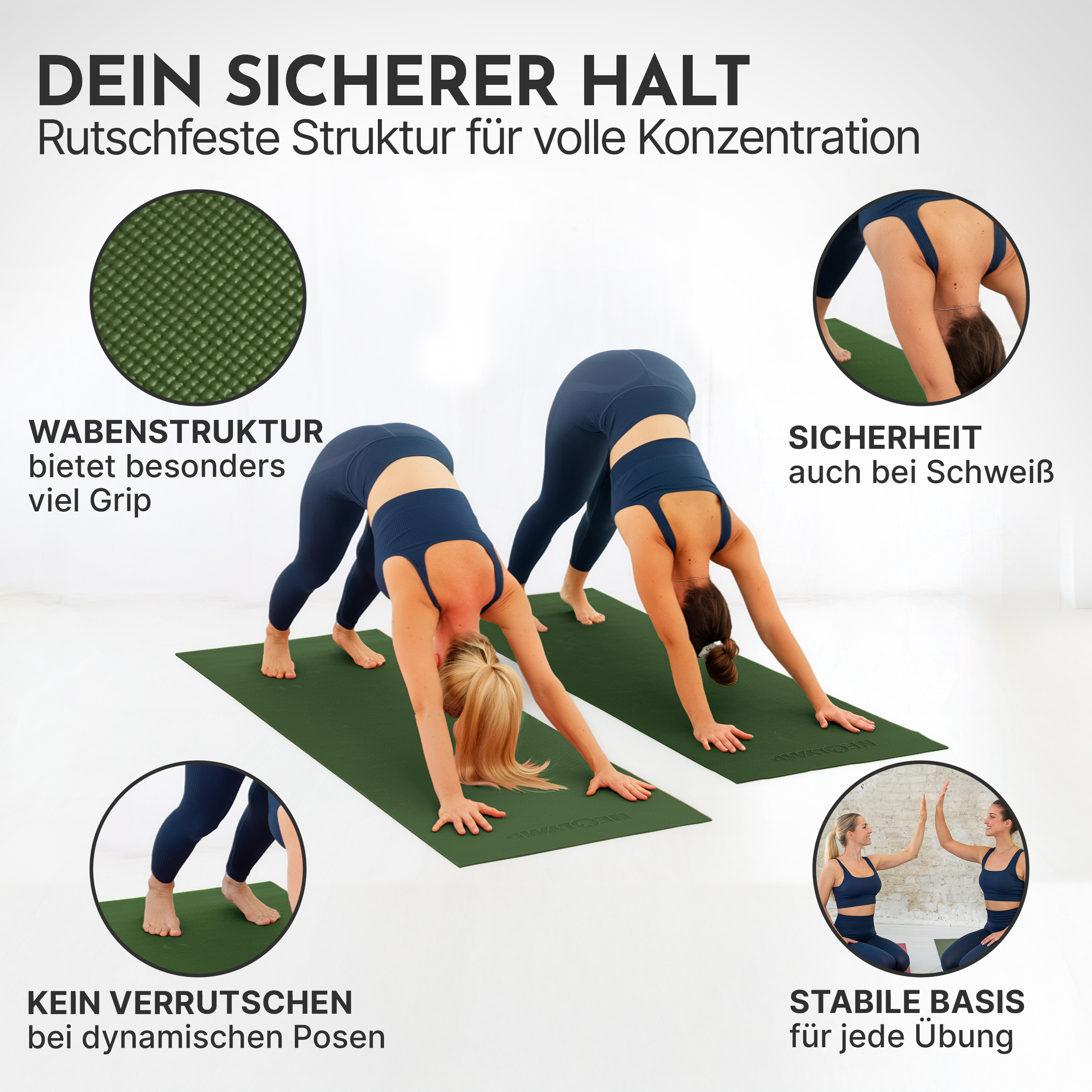 Zwei Frauen üben Yoga auf grünen Matten, die Textur und Stabilität zeigen.