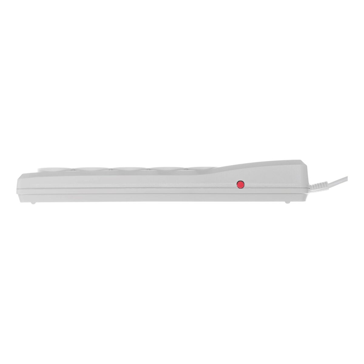 Weiße Tastatur mit rotem Lämpchen und Kabel.