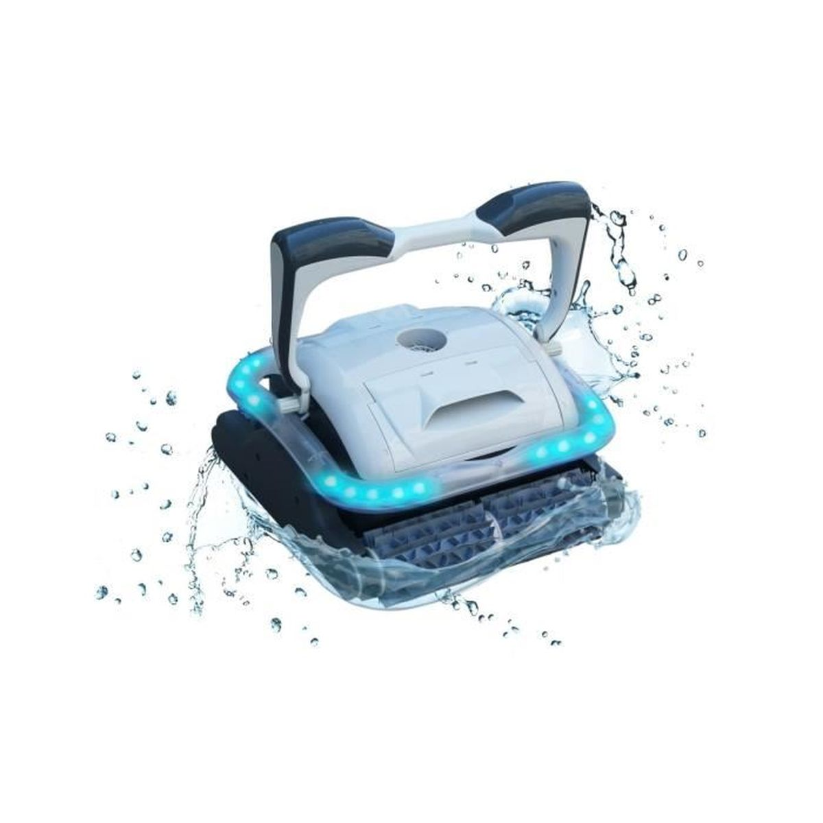 Ein weißer Poolroboter mit blauem Licht und Wasser spritzt.