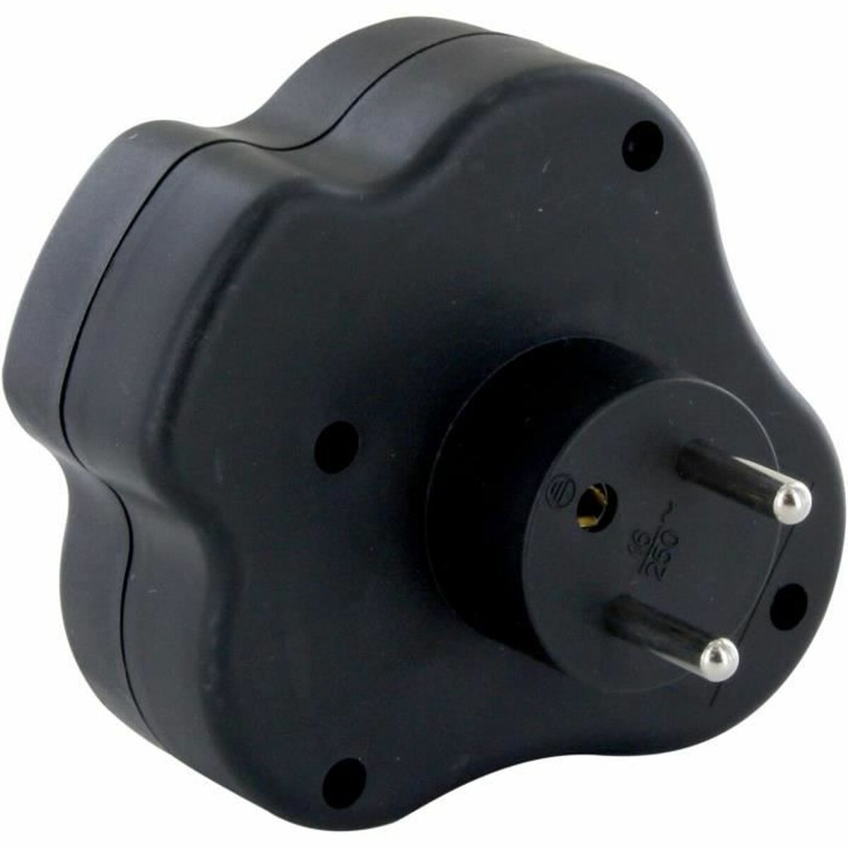 Schwarzer Mehrfachsteckeradapter mit zwei runden Pins und mehreren Steckdosen.