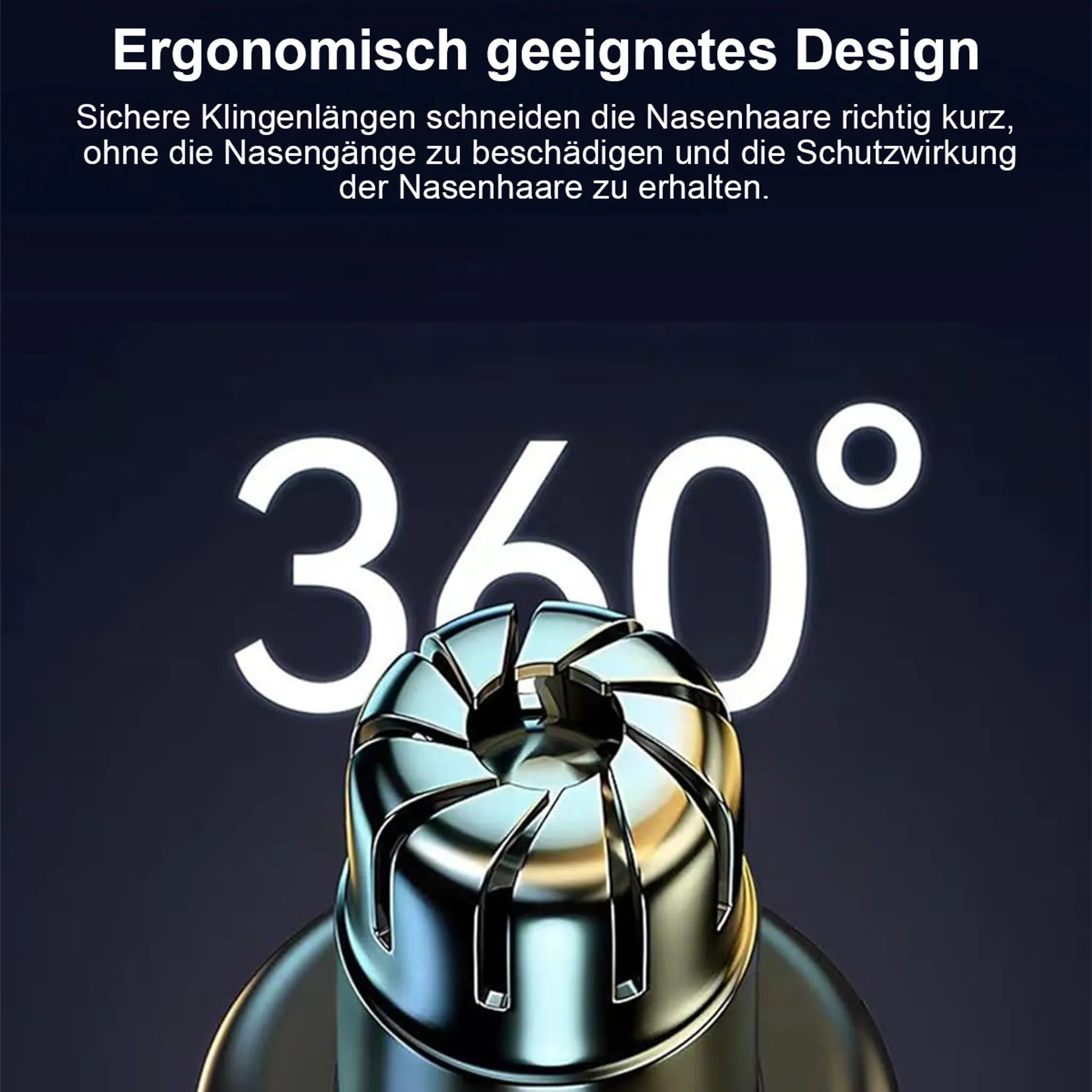 360° Ansicht eines silbernen Nasentrimmers mit Text über ergonomisches Design.