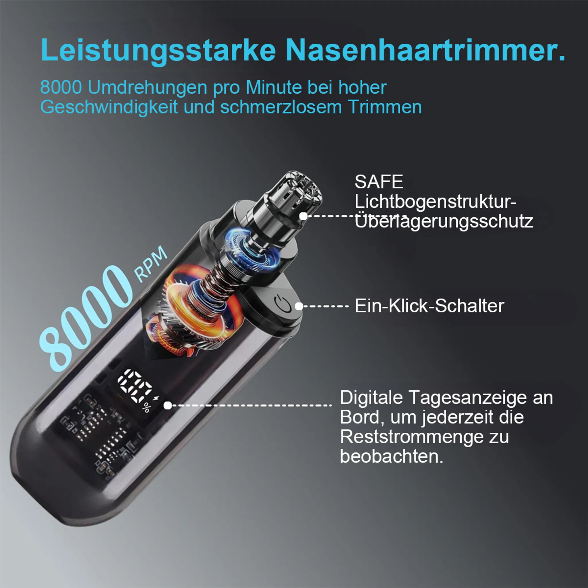 Nasenhaartrimmer mit 8000 U/min, digitaler Anzeige, Ein-Klick-Schalter.