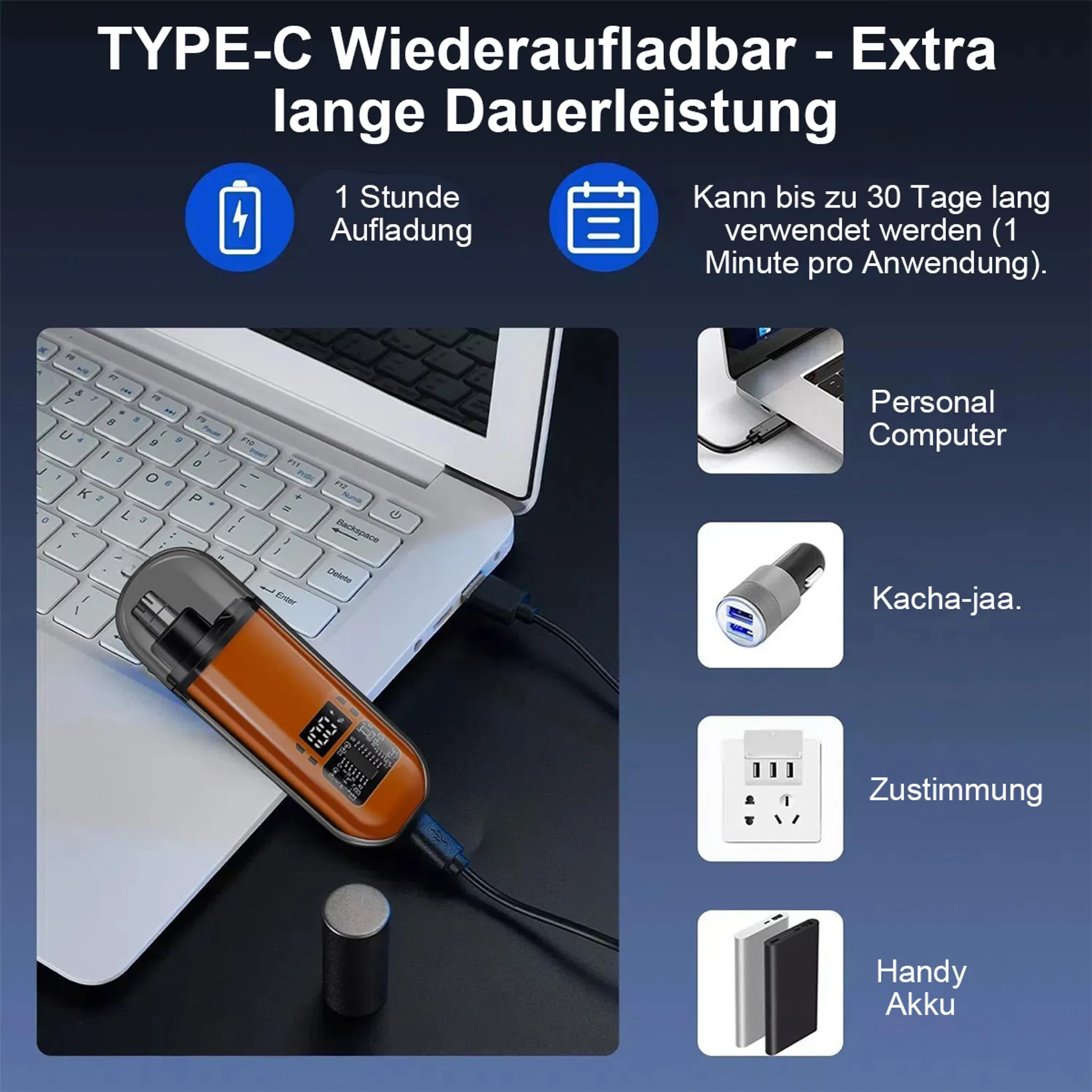 Orange E-Zigarette lädt an Laptop. Text über Ladezeit und Akkulaufzeit.