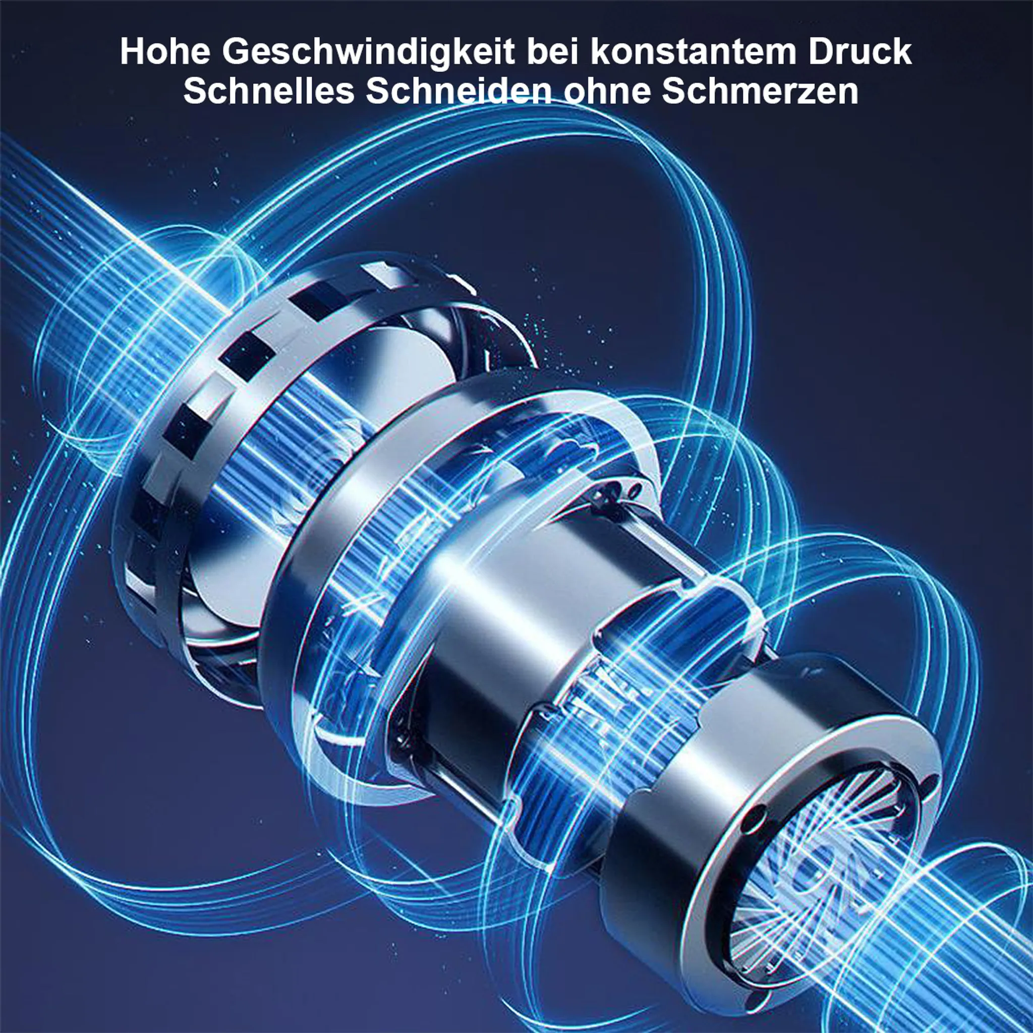 Metallisches Bauteil mit blauen Lichtbögen auf dunklem Hintergrund.