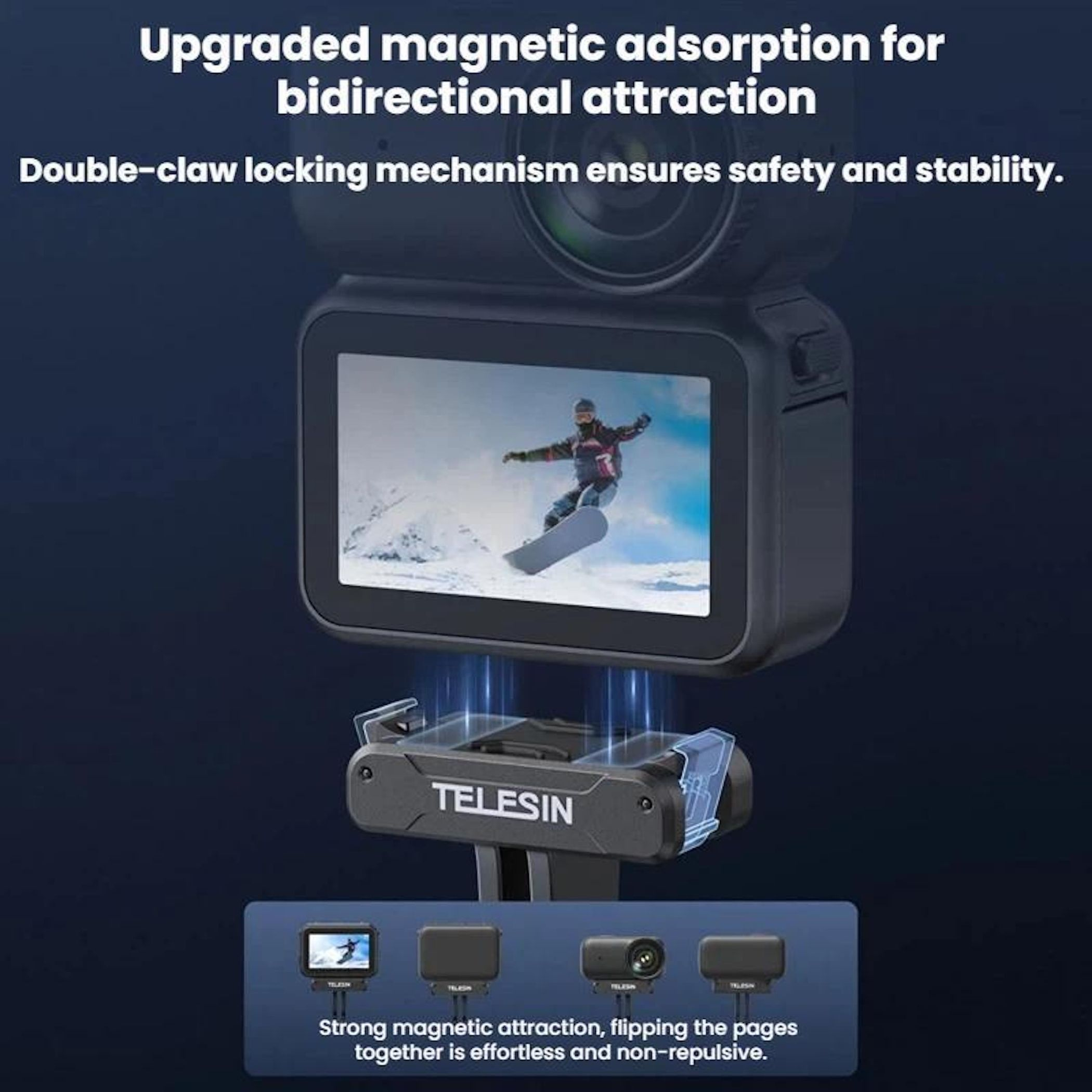 Kamera mit magnetischem Anschluss und Snowboarder im Display.