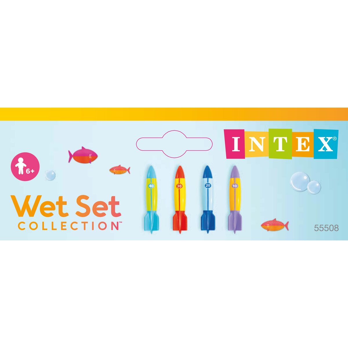 Quattro razzi colorati con motivi di pesci e bolle. Intex Wet Set Collection.