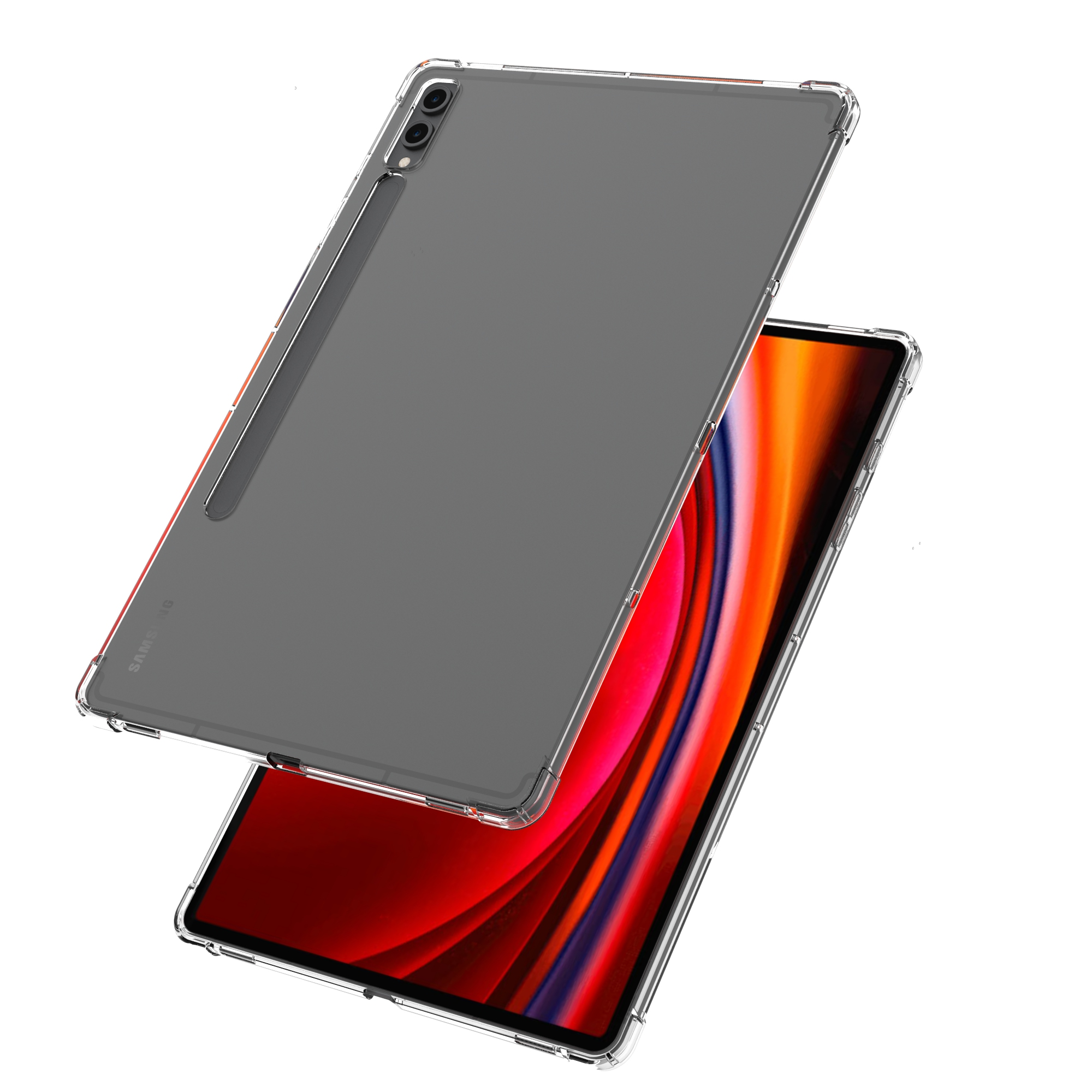 Una custodia trasparente per tablet fluttua sopra un tablet con sfondo astratto rosso.
