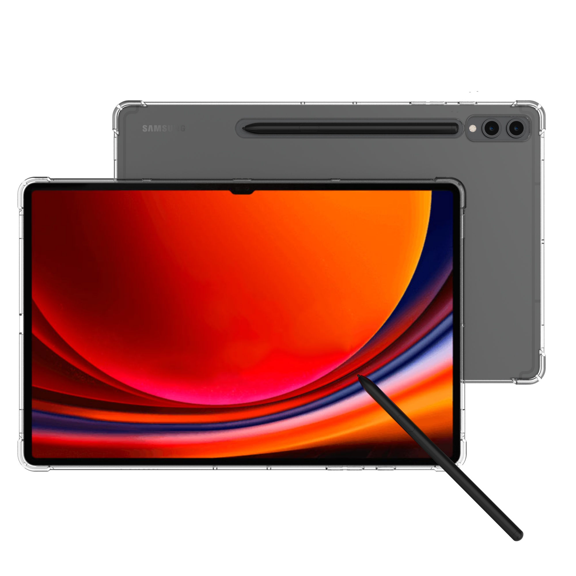 Un tablet con stilo, vista frontale e posteriore, su sfondo vibrante.