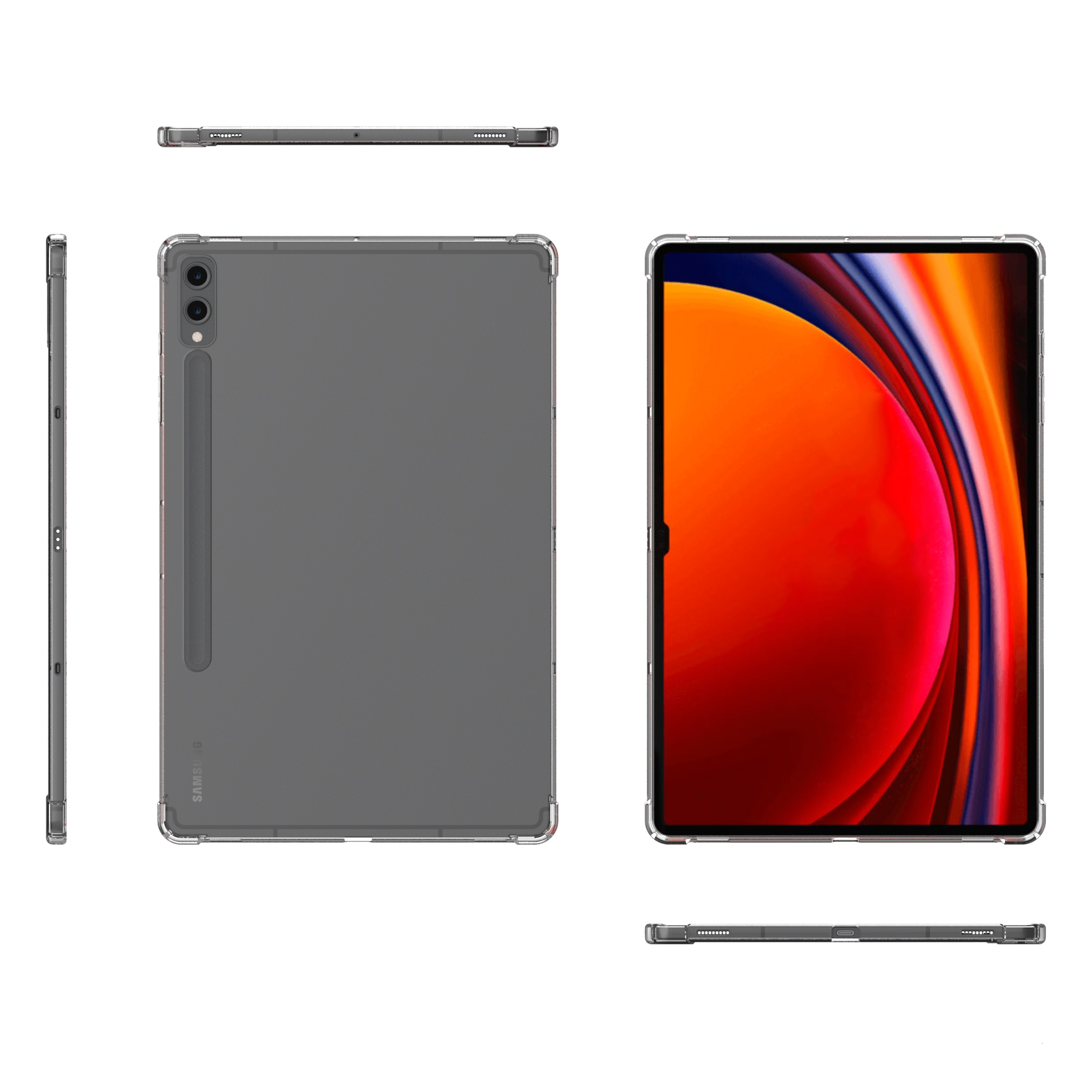 Diverse viste di una custodia trasparente per tablet con un tablet grigio all'interno. Lo schermo anteriore mostra arte astratta.