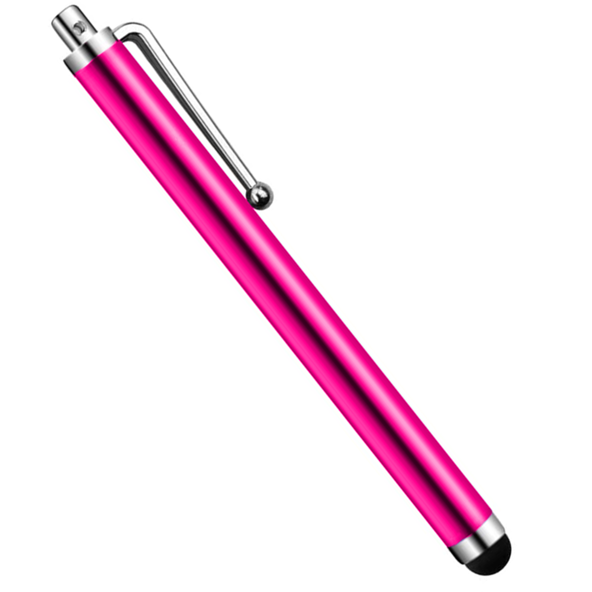 Ein schmaler, pinker Stylus-Stift mit silbernem Clip und Kappe auf weißem Hintergrund.