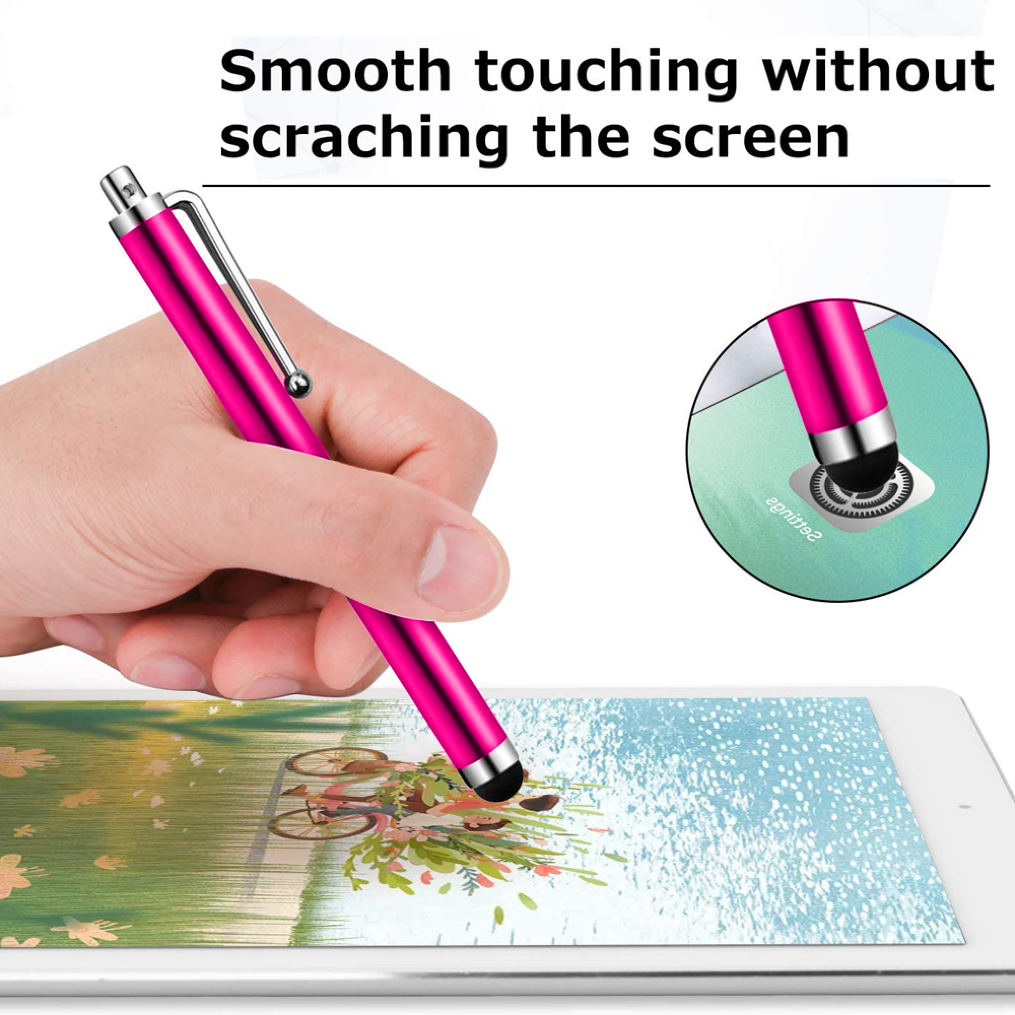 Eine Hand hält einen pinken Stift, der auf einem Tablet-Bildschirm mit Blumen und Fahrrädern tippt.