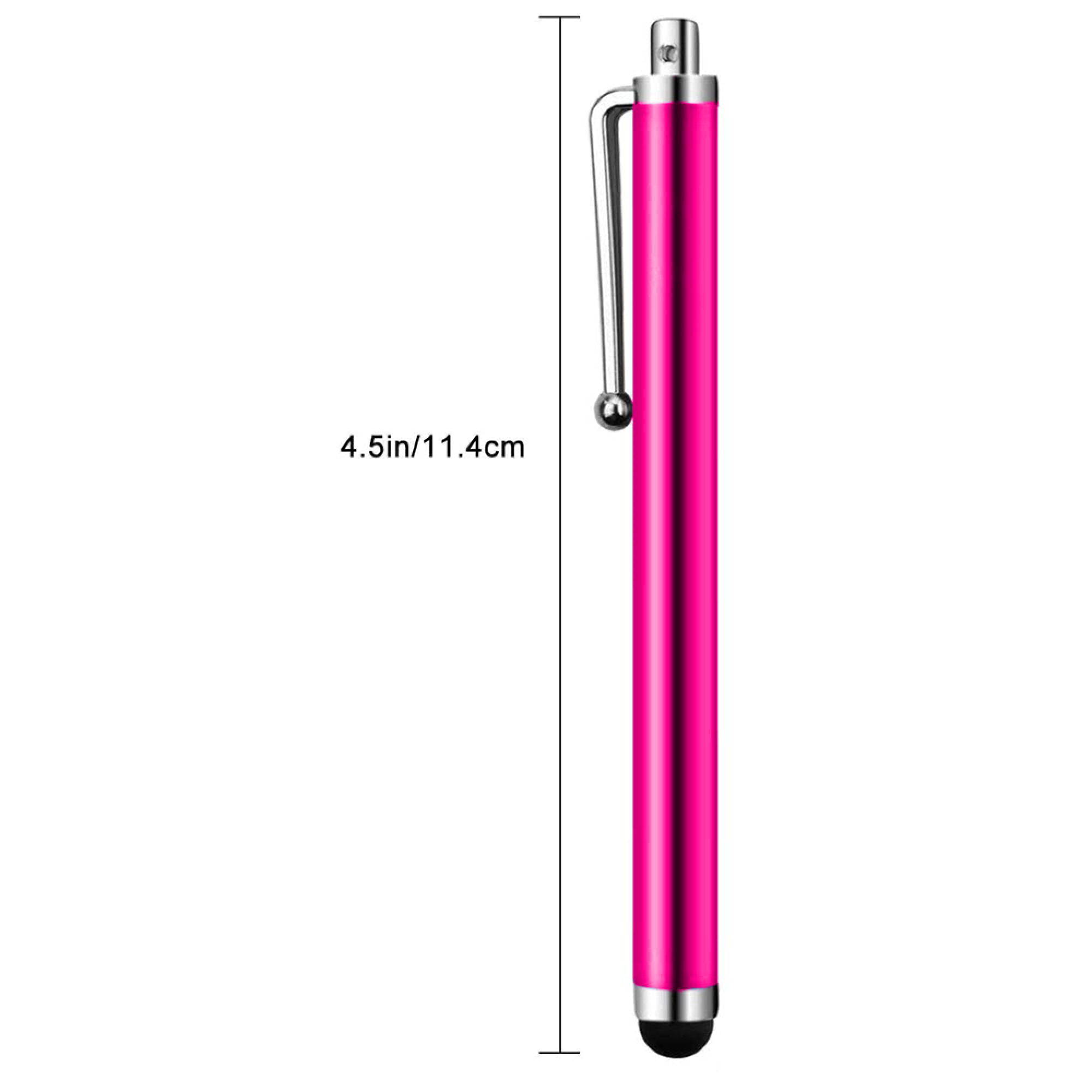 Ein schlanker, pinkfarbener Touchscreen-Stift mit silbernen Akzenten und Clip.
