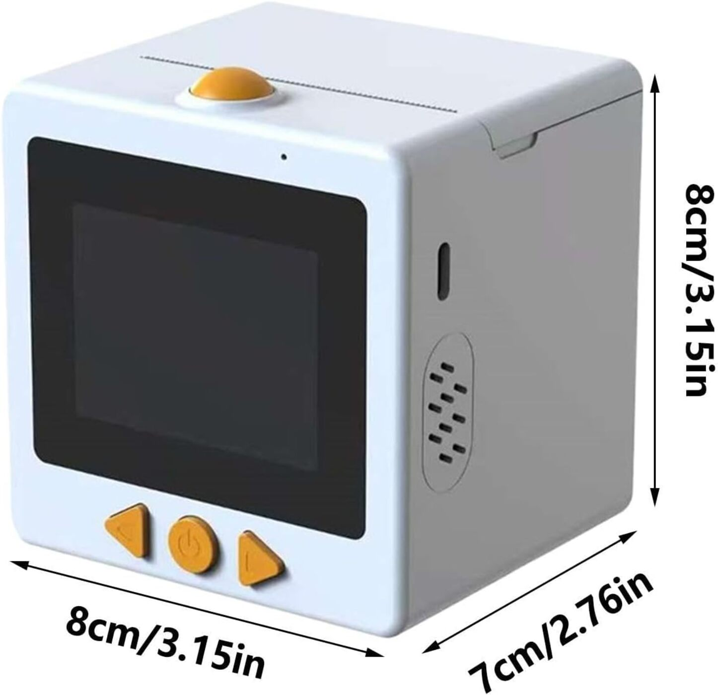 Un cubo blanco pequeño con pantalla y botones naranjas. Dimensiones mostradas.