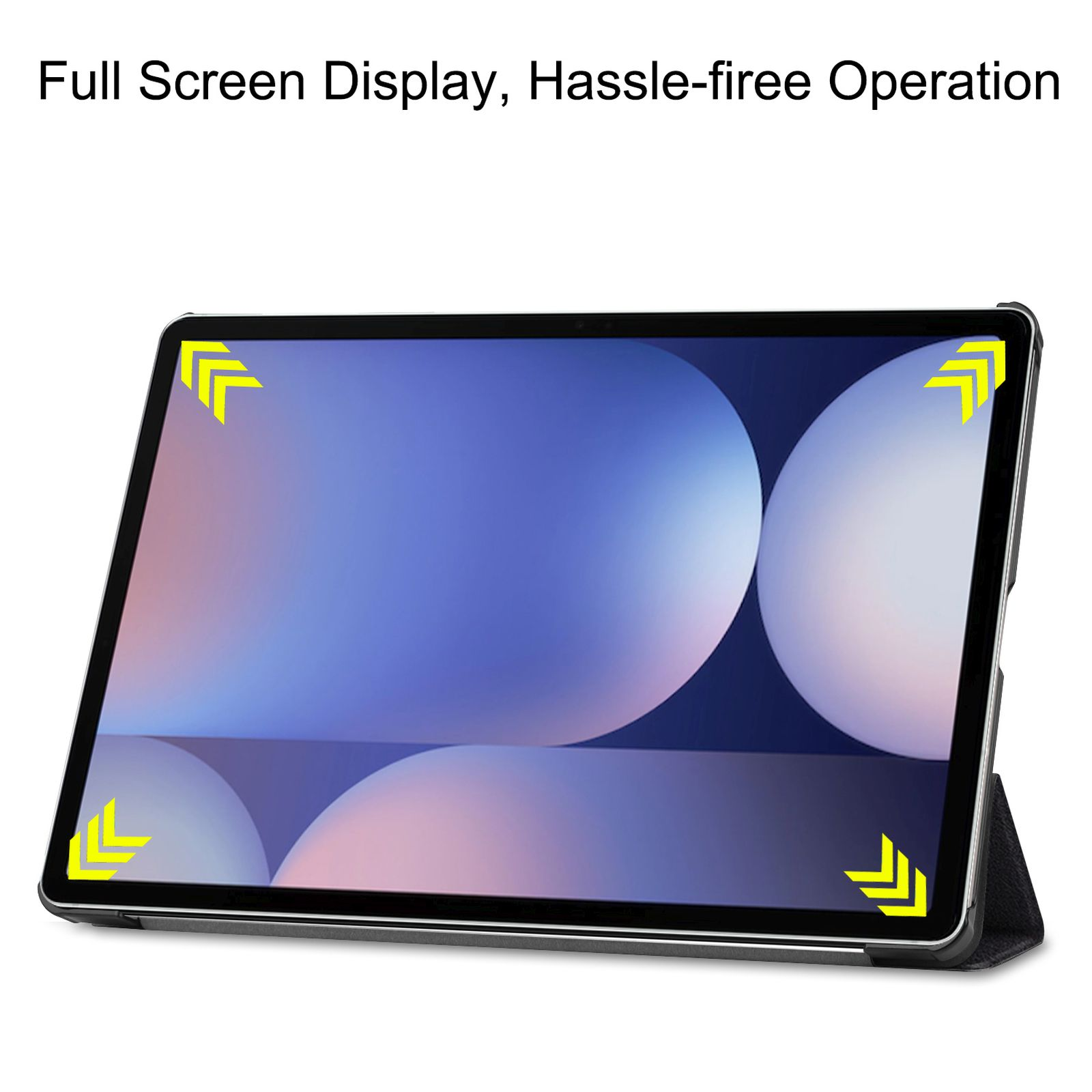 Un tablet in orizzontale con sfondo blu e frecce gialle negli angoli.
