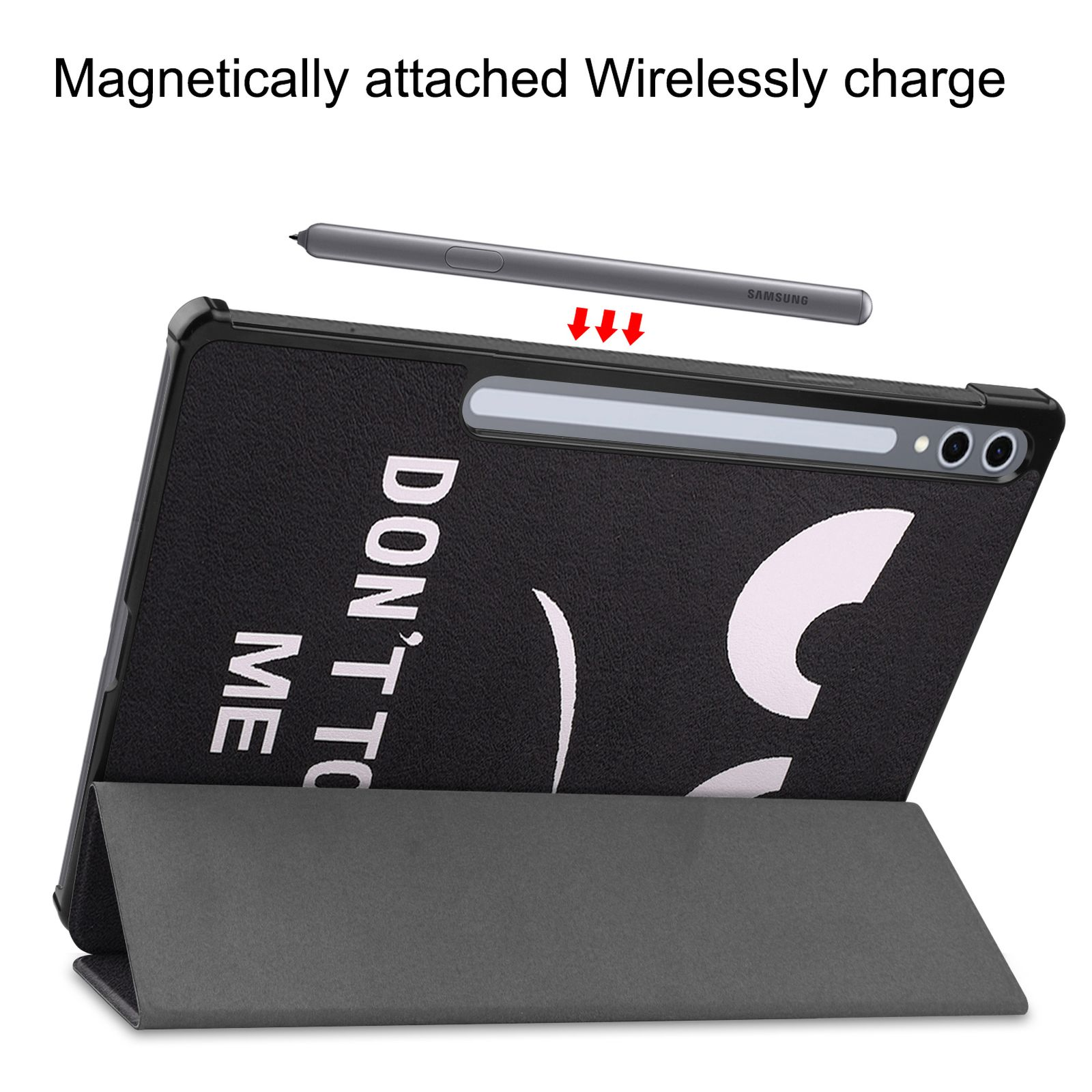 Puntina grigia attaccata magneticamente a custodia nera per tablet con testo. Supporto.