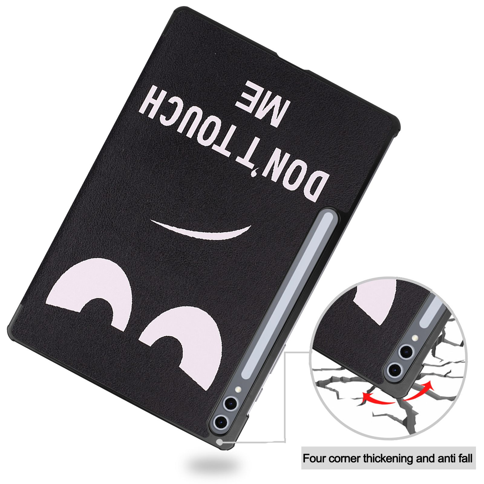 Custodia nera per tablet con scritta "DON'T TOUCH ME" bianca e design occhi.