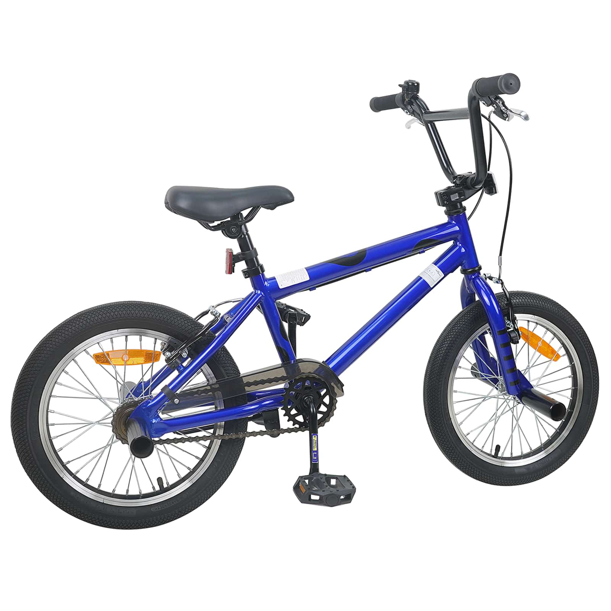 Ein blaues BMX-Fahrrad mit schwarzen Reifen und Felgen, steht auf weißem Hintergrund.