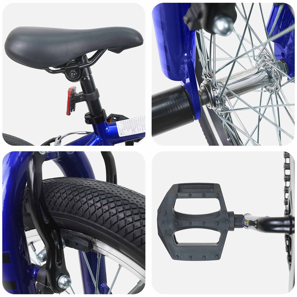 Details eines blauen Fahrrads: Sattel, Speichenrad, Bremse und Pedal.