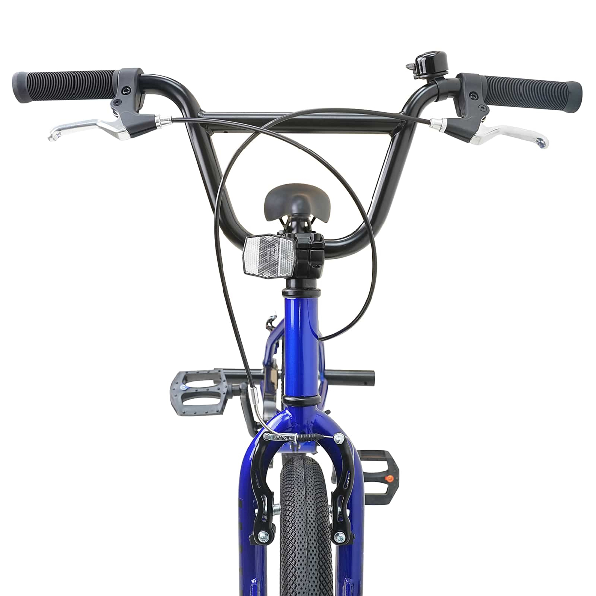 Vorderansicht eines blauen BMX-Fahrrads mit schwarzen Lenkern, Bremsen und Pedalen.