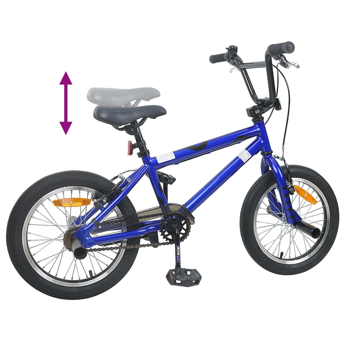 Ein blaues BMX-Fahrrad mit schwarzen Lenkern und Sitz, auf weißem Hintergrund.