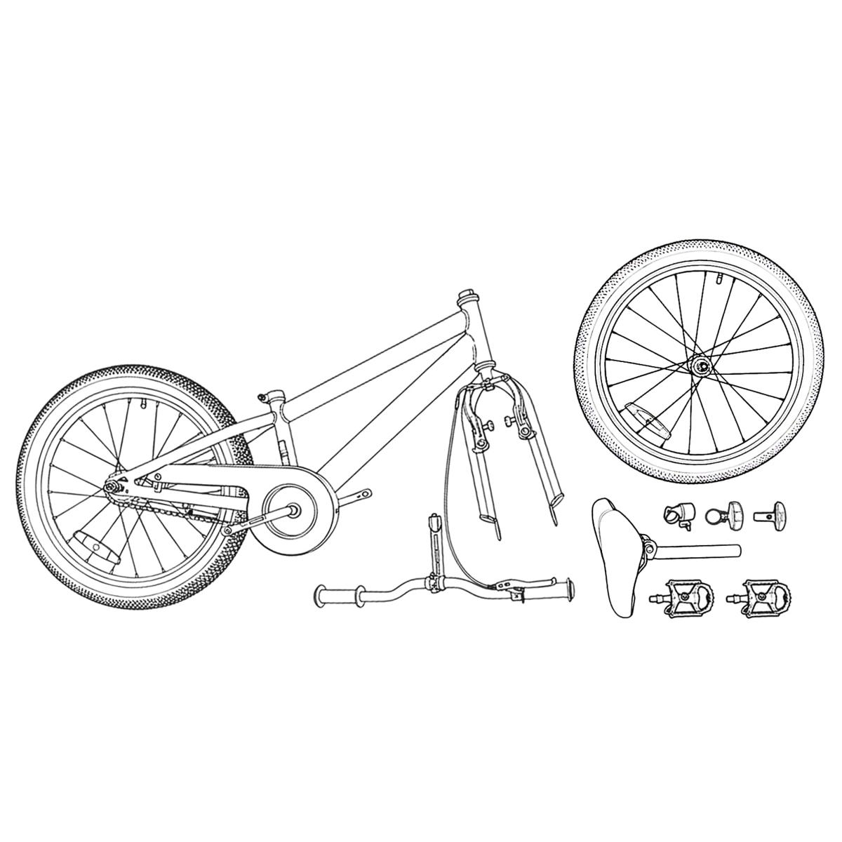 Zeichnung eines zerlegten Fahrrads mit Rahmen, Rädern, Lenker, Sattel und Pedalen.