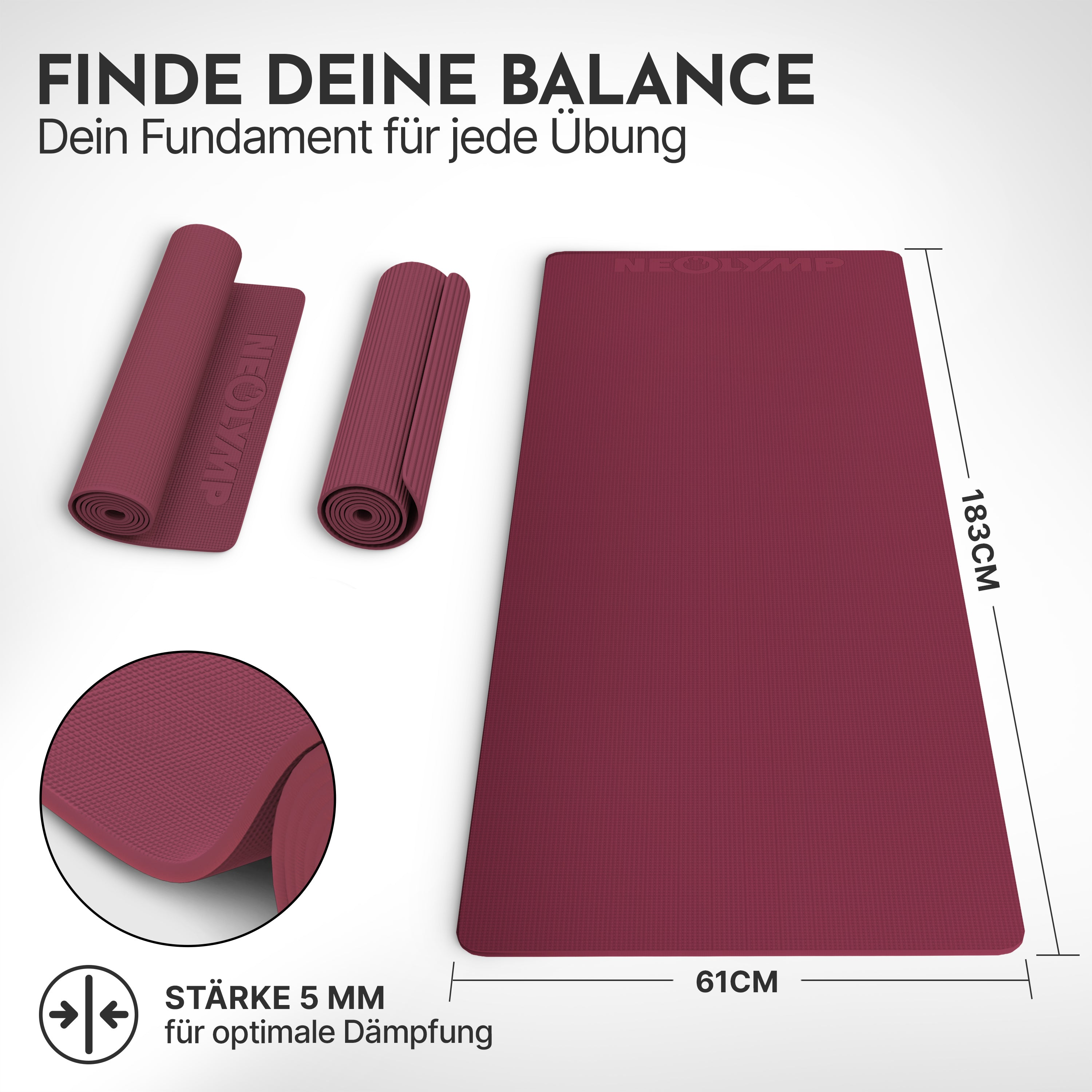 Eine bordeauxrote Yogamatte, 183x61 cm, 5 mm dick, mit Logo.