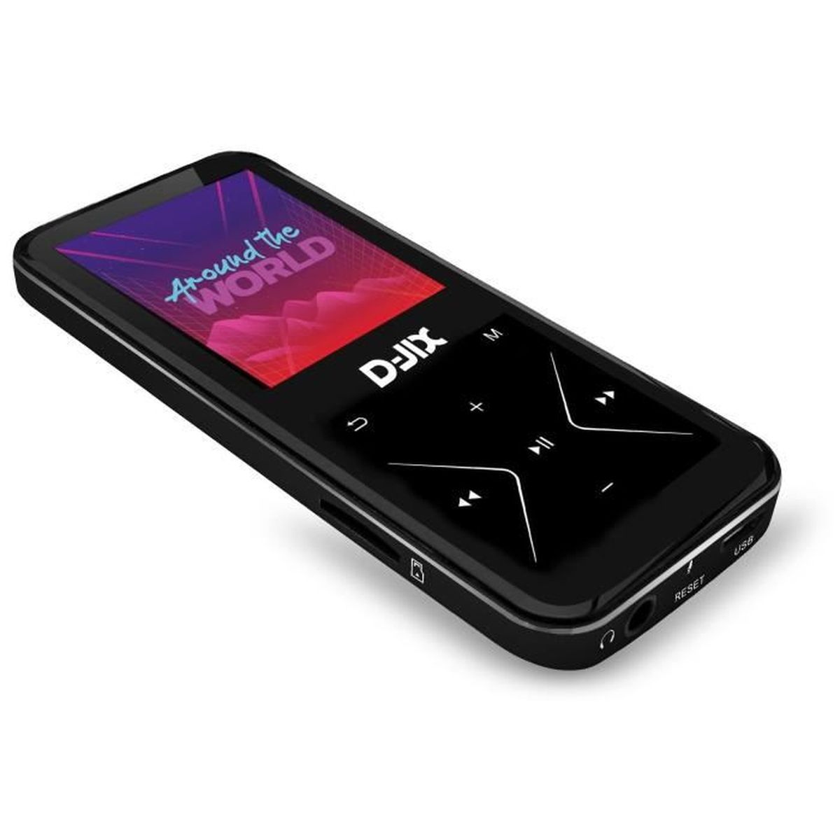 Schwarzer tragbarer Musikplayer mit Touchscreen und Wiedergabesteuerung.