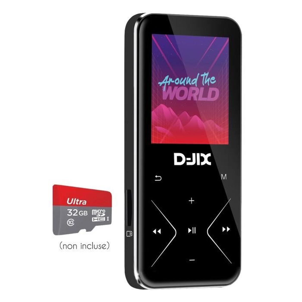 Ein schwarzer MP3-Player mit Mikro-SD-Karte daneben. Anzeige zeigt "Around the World".