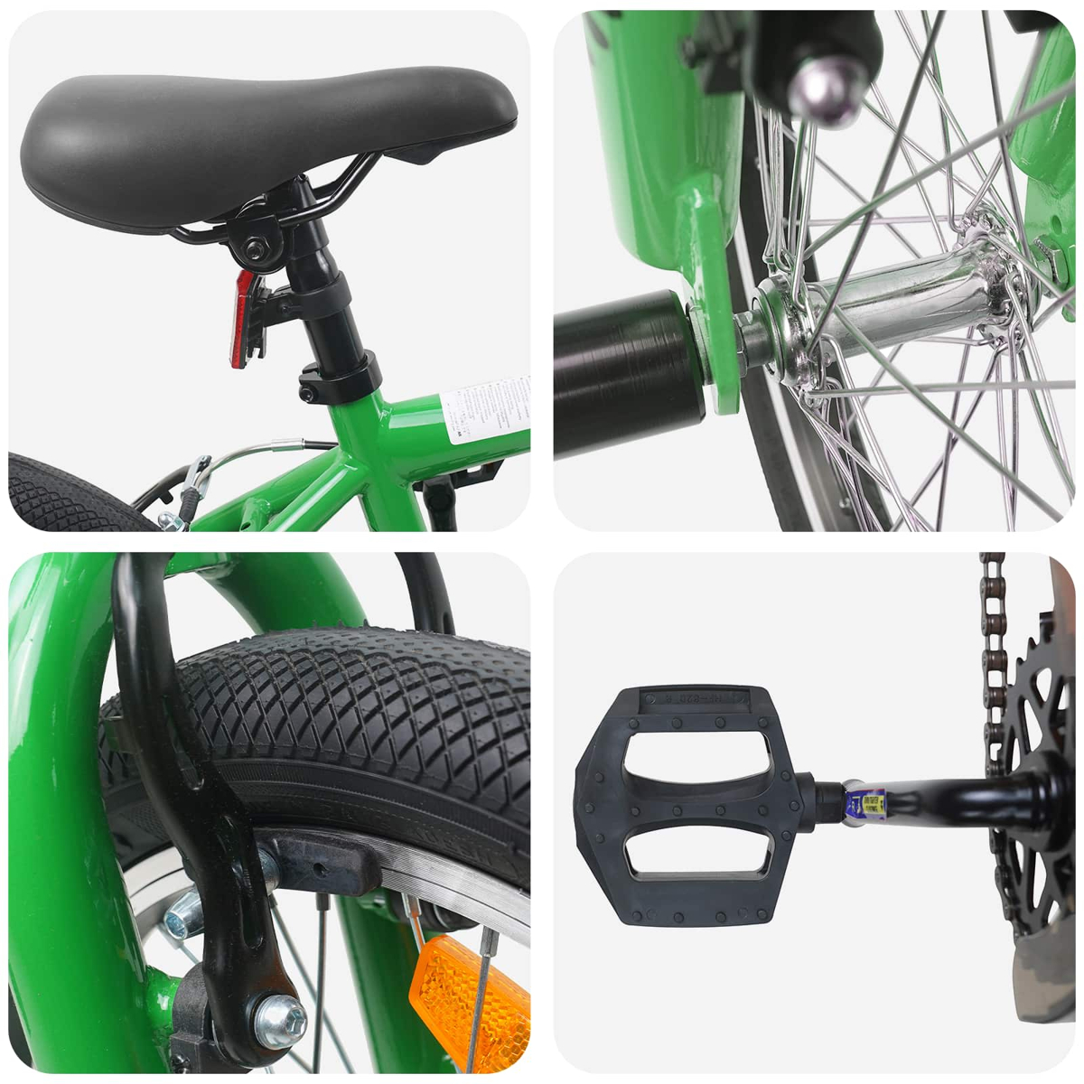 Nahaufnahme eines grünen Fahrrads: Sattel, Rad, Bremse und Pedal.