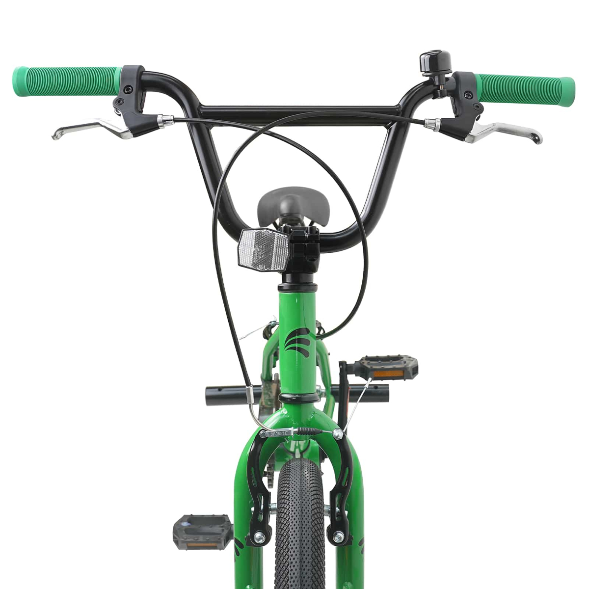 Grünes BMX-Fahrrad mit schwarzen Lenkern, grünen Griffen und Klingel.