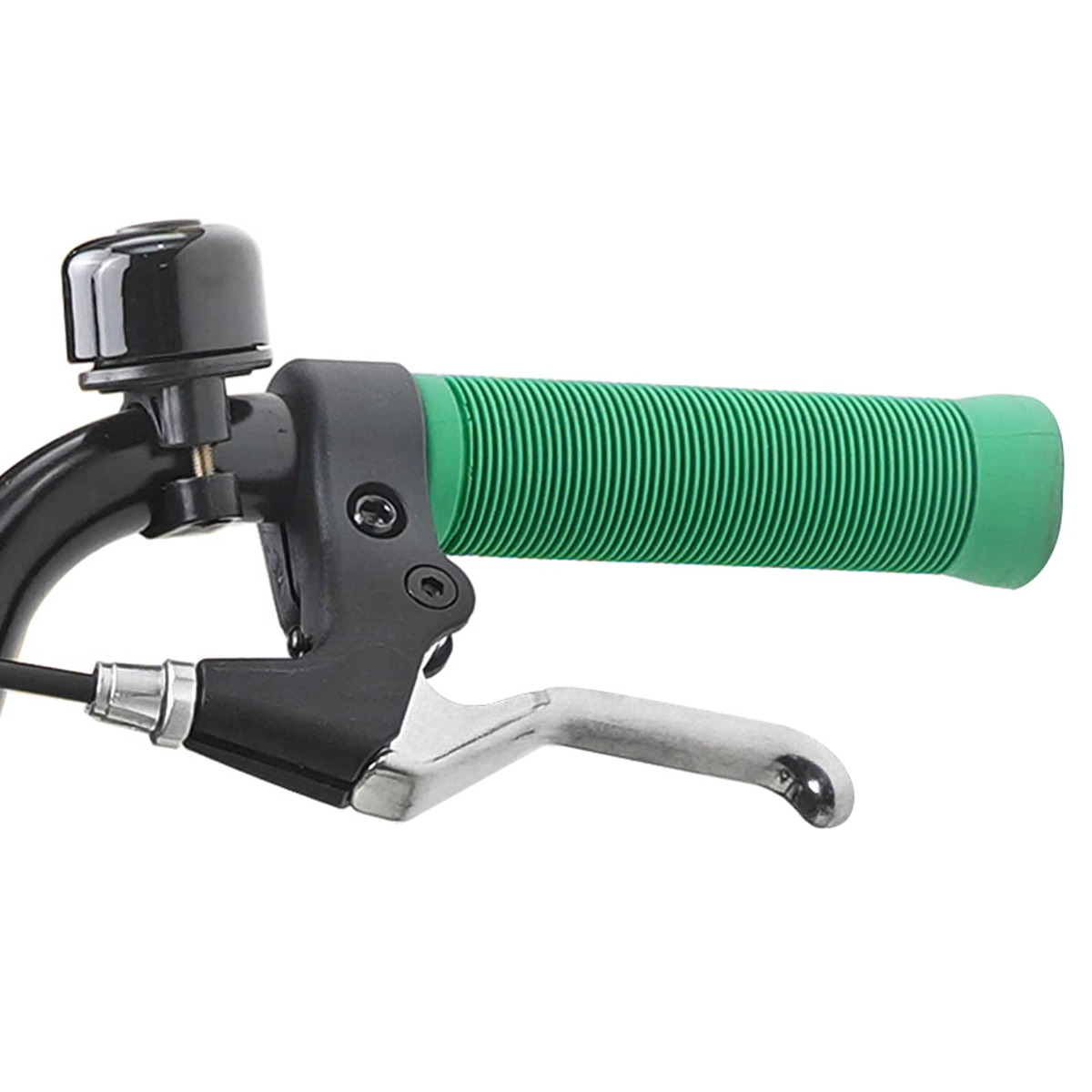Grüner Fahrradgriff mit Bremshebel und schwarzer Klingel am Lenker.